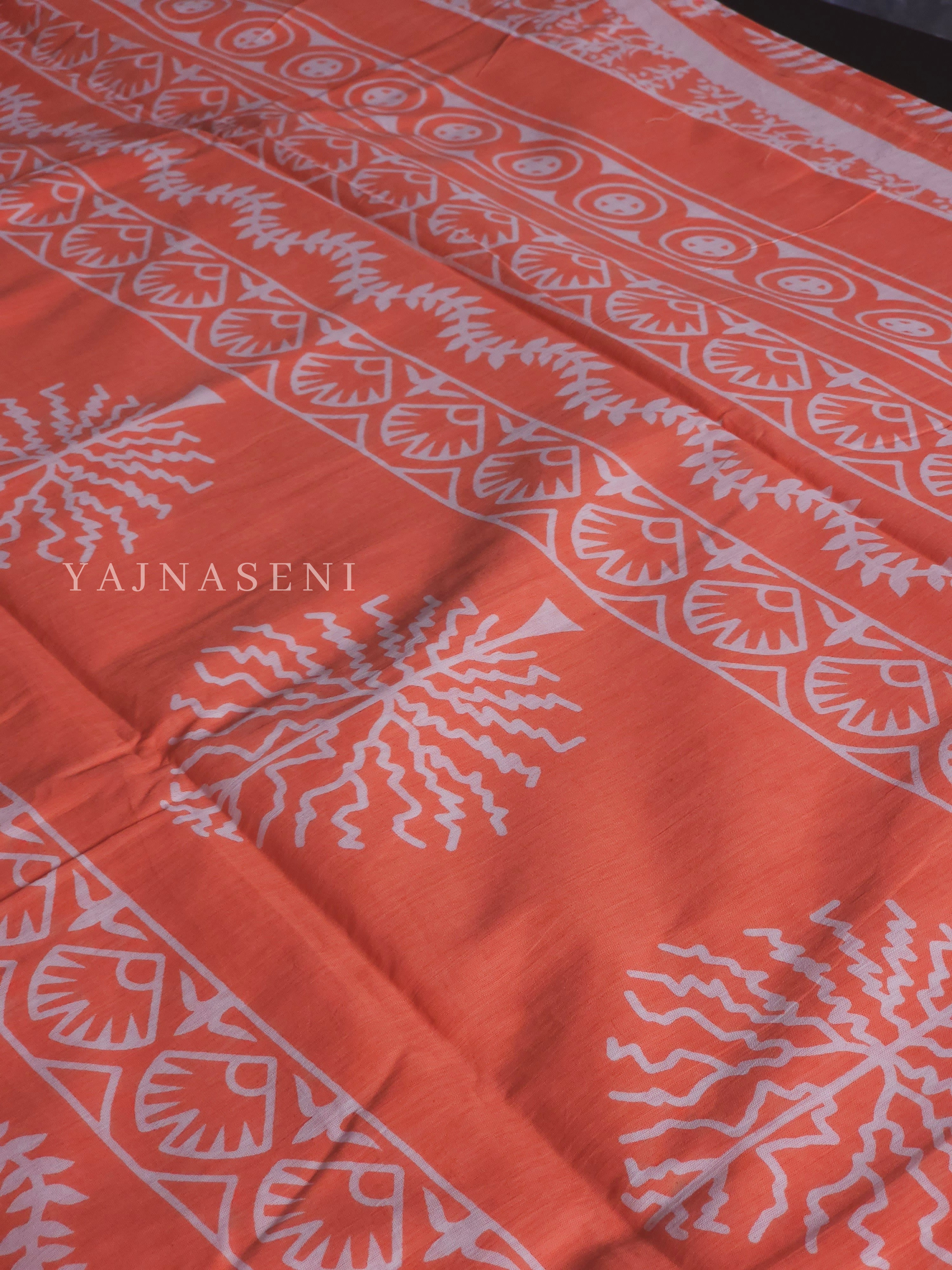 Mulmul Cotton Handblock Printed Saree : Coral Orange x White