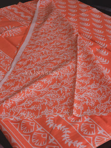 Mulmul Cotton Handblock Printed Saree : Coral Orange x White