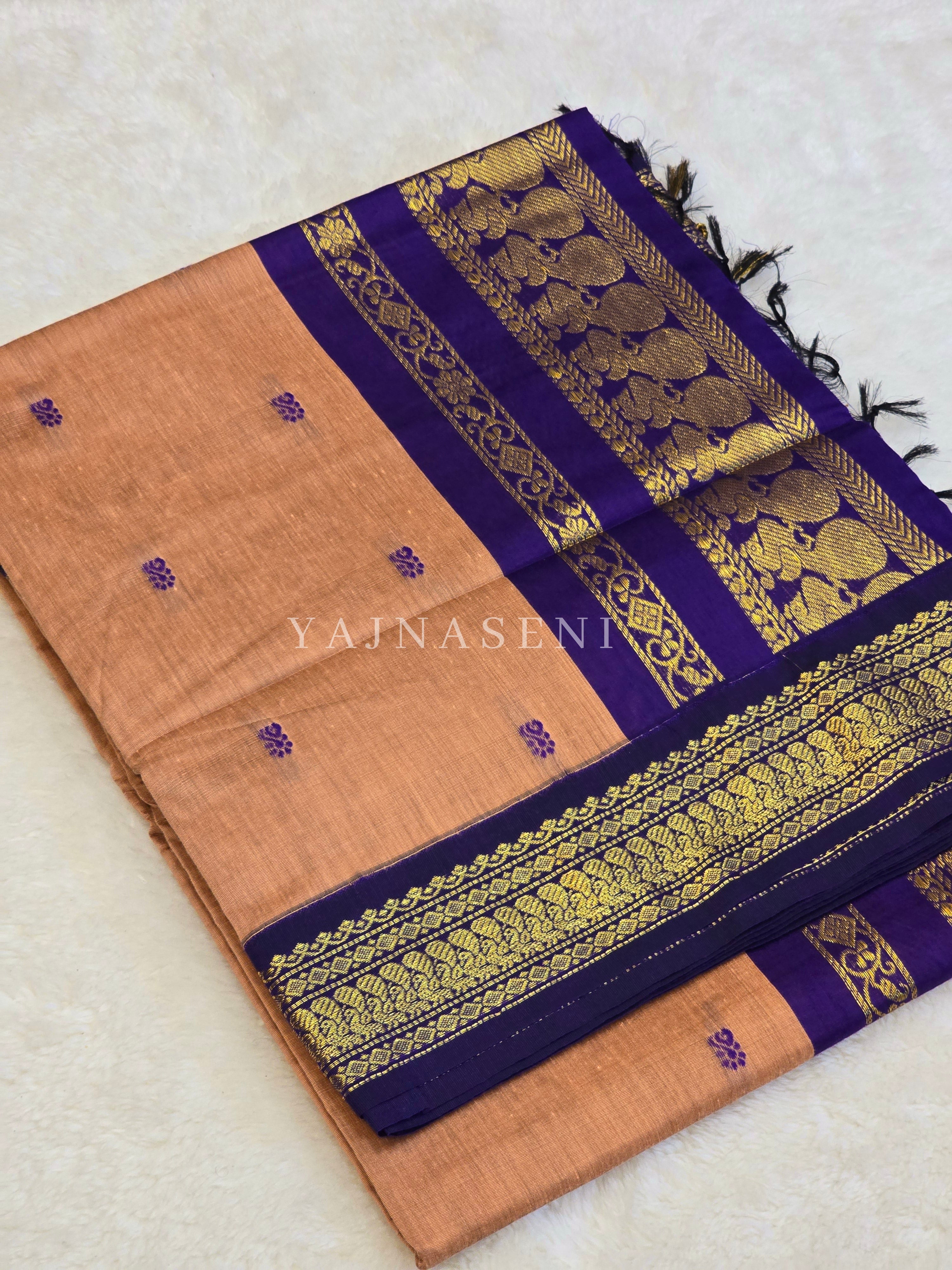 Kalyani Cotton Saree - Gold Zari : Soft Brown x Dark Purple
