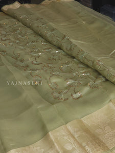 Organza silk pastel saree x sequins - Green Tea