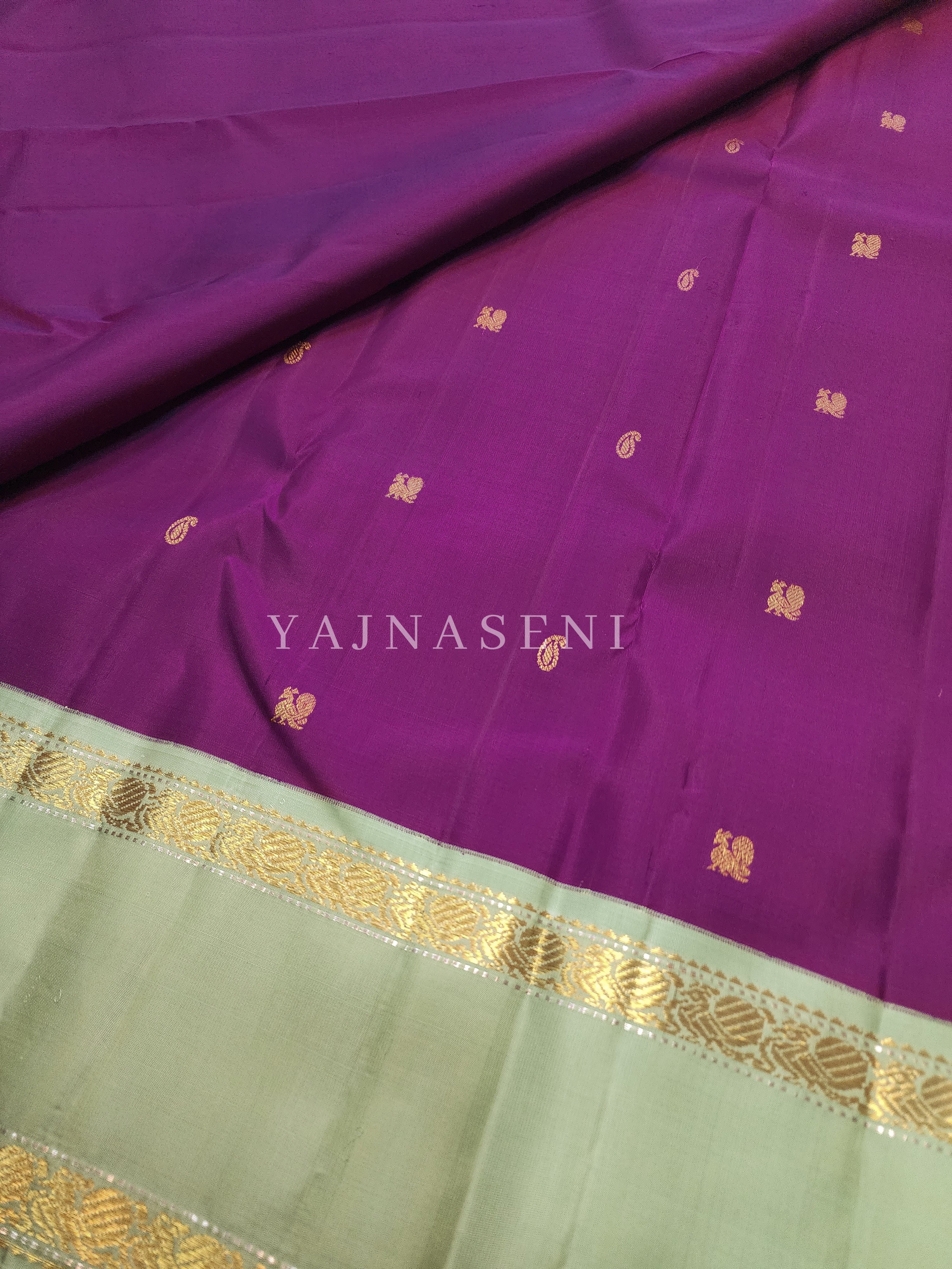 Amaranth x Mint - Pure Kanjivaram Silk Saree with Gold Zari