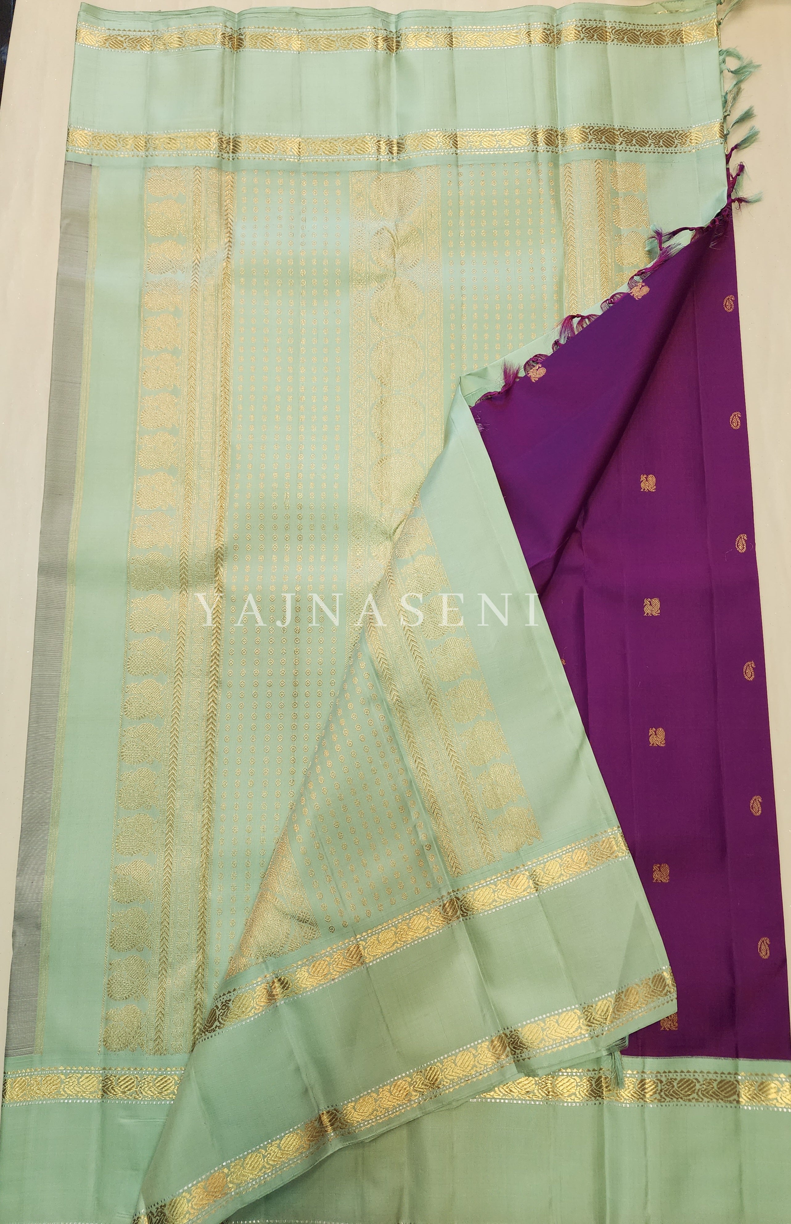 Amaranth x Mint - Pure Kanjivaram Silk Saree with Gold Zari