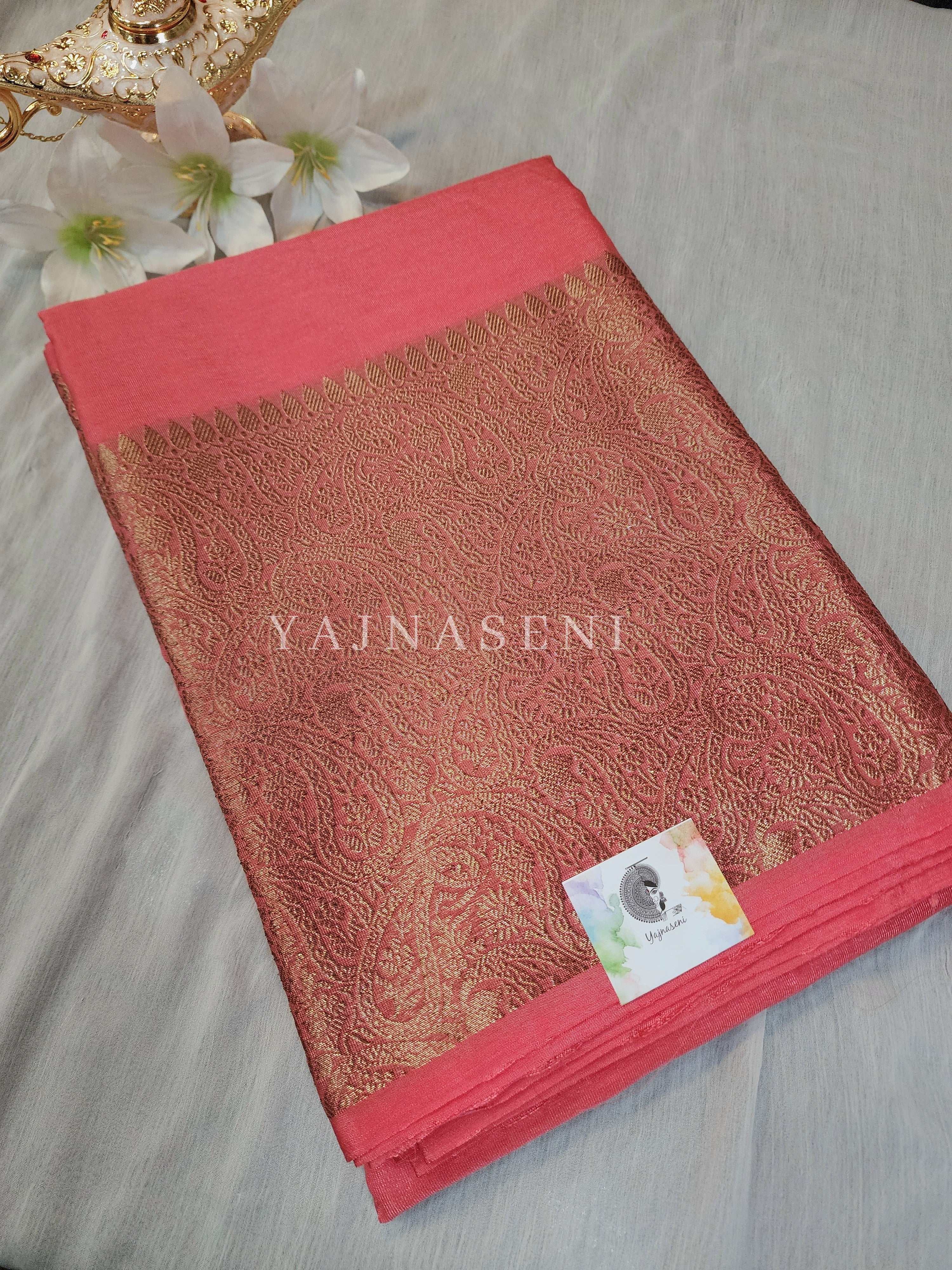 Linen Silk Saree - Coral Pink