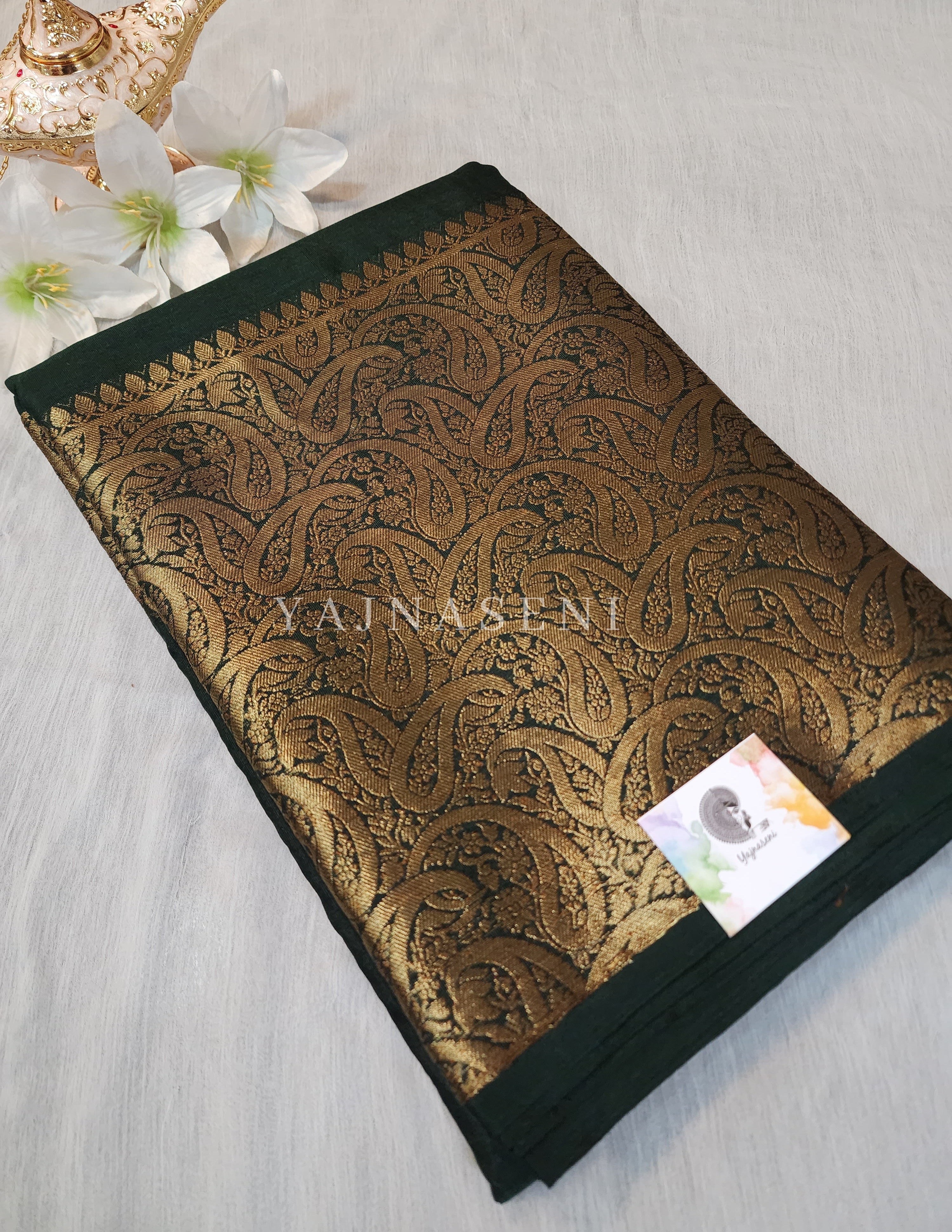 Linen Silk Saree - Timber Green