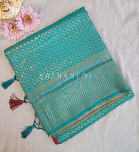 Banarasi Brocade Soft Silk Saree - Turquoise x Maroon