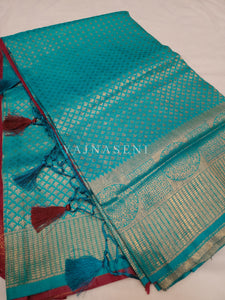 Banarasi Brocade Soft Silk Saree - Turquoise x Maroon