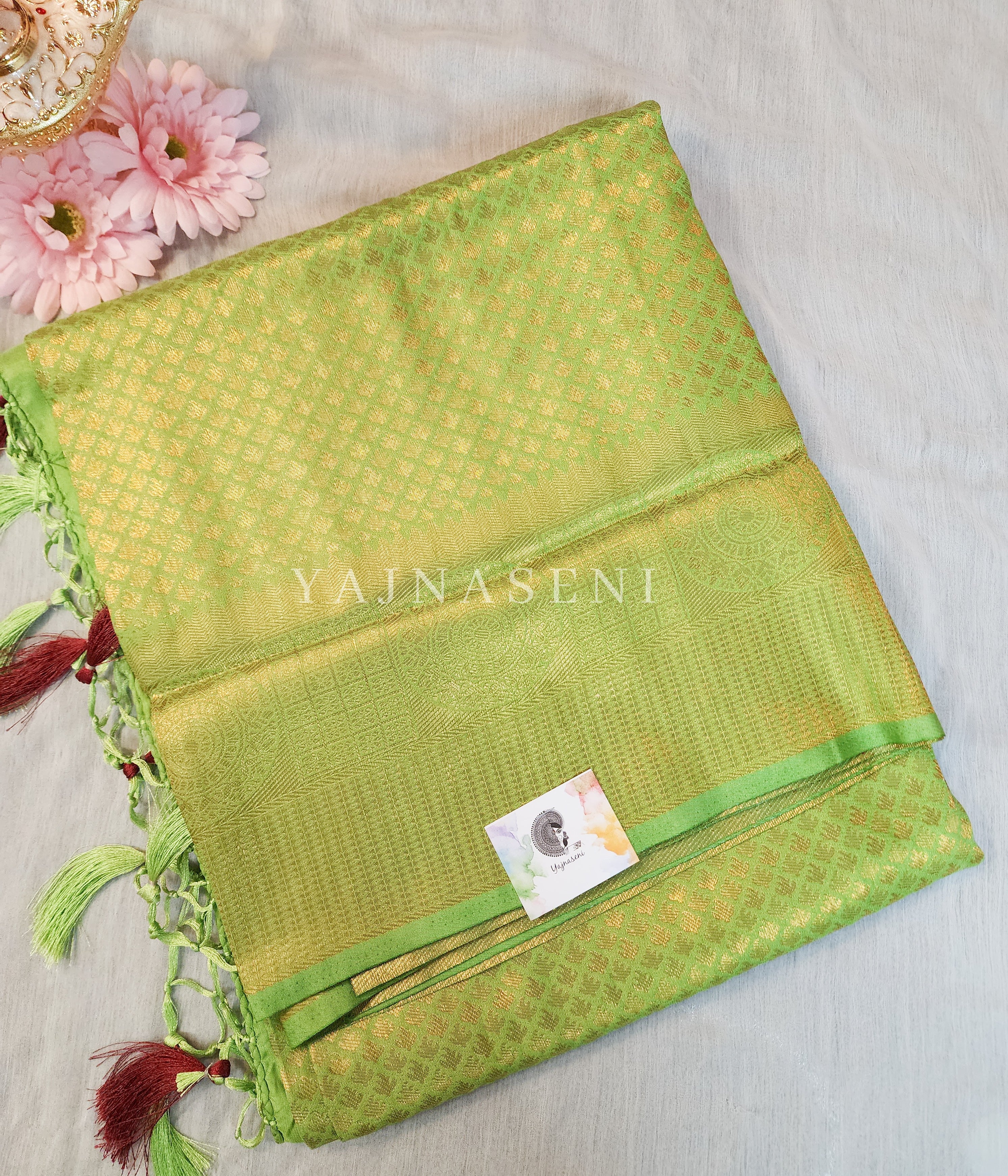 Banarasi Brocade Soft Silk Saree - Lime x Maroon