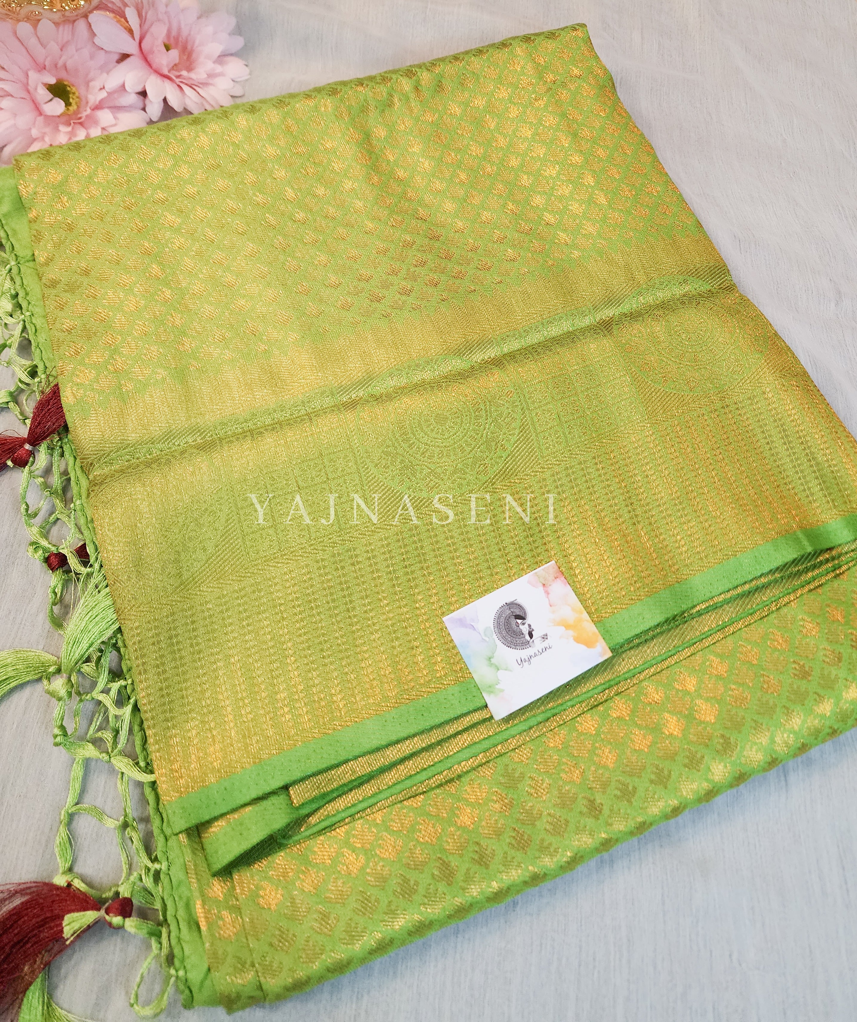 Banarasi Brocade Soft Silk Saree - Lime x Maroon