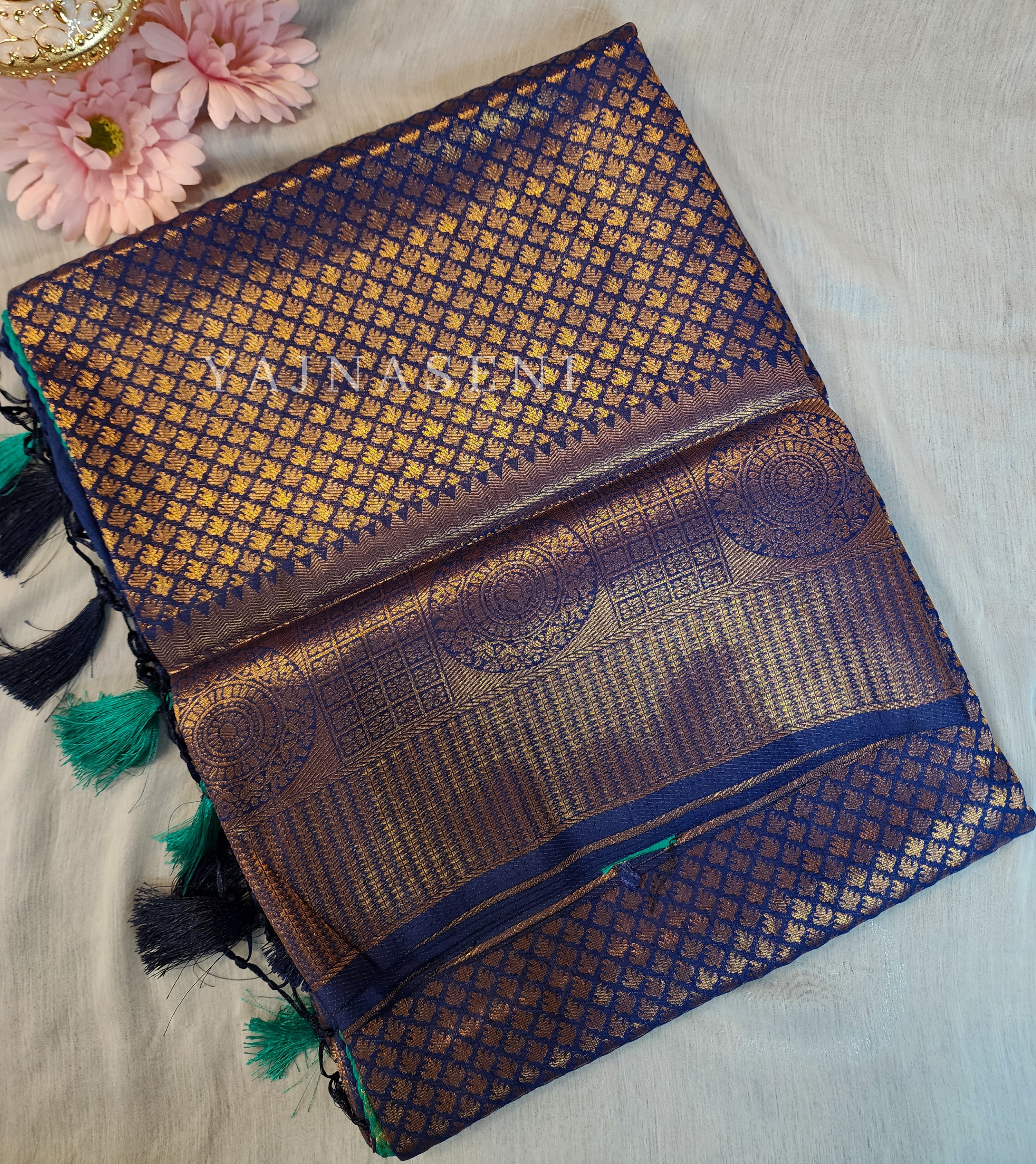 Banarasi Brocade Soft Silk Saree - Blue x Pine