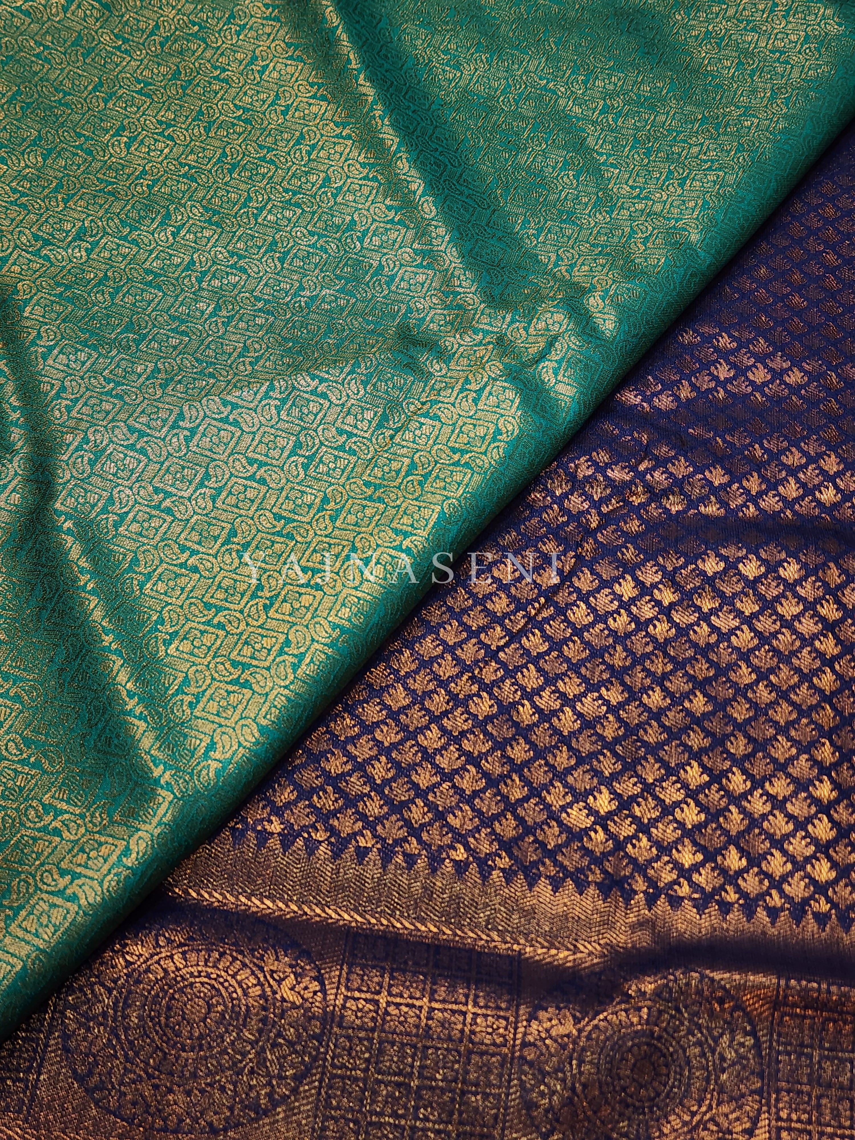 Banarasi Brocade Soft Silk Saree - Blue x Pine