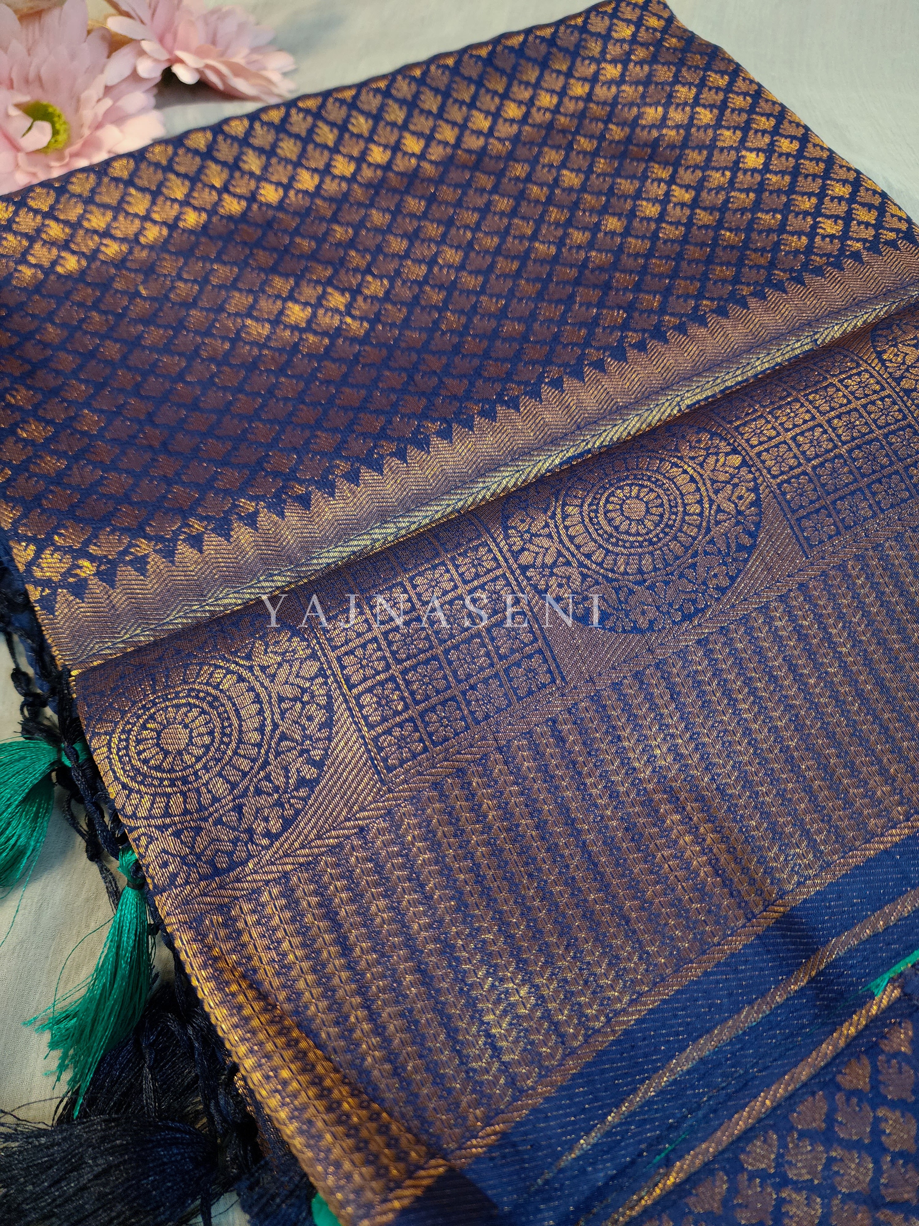 Banarasi Brocade Soft Silk Saree - Blue x Pine