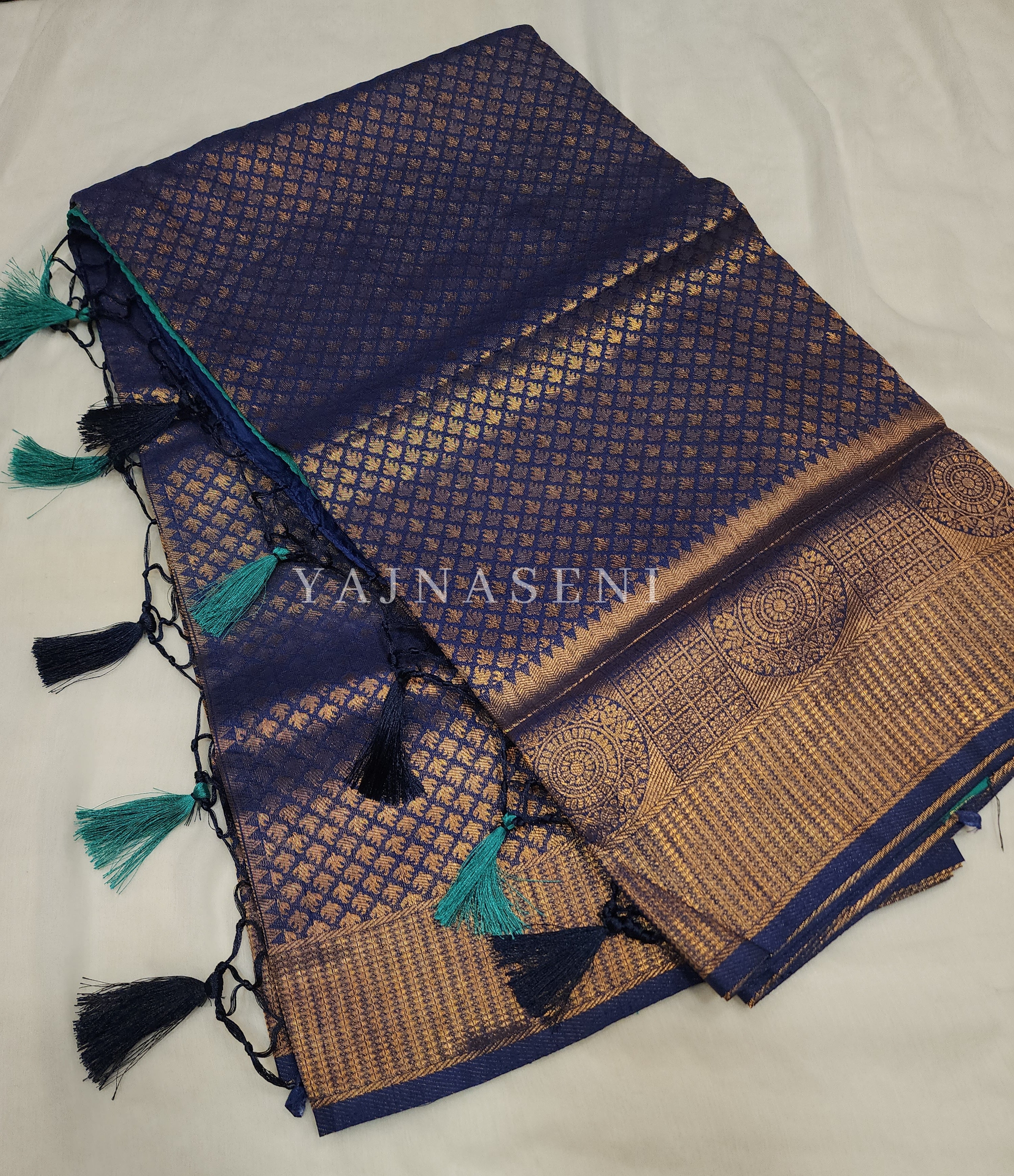 Banarasi Brocade Soft Silk Saree - Blue x Pine