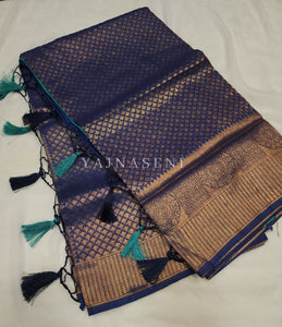 Banarasi Brocade Soft Silk Saree - Blue x Pine