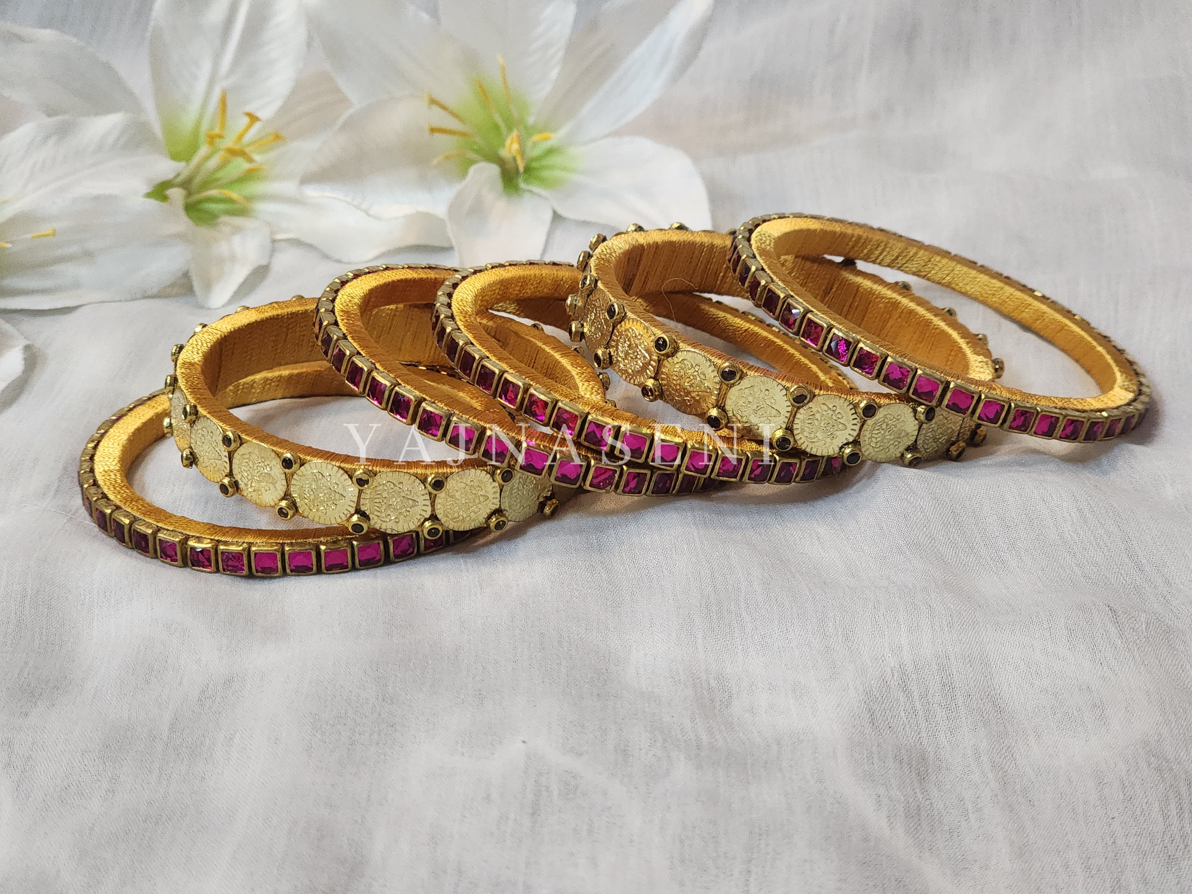 Bangle stack - Silk Thread , Kundan & Lakshmi : Gold x Pink