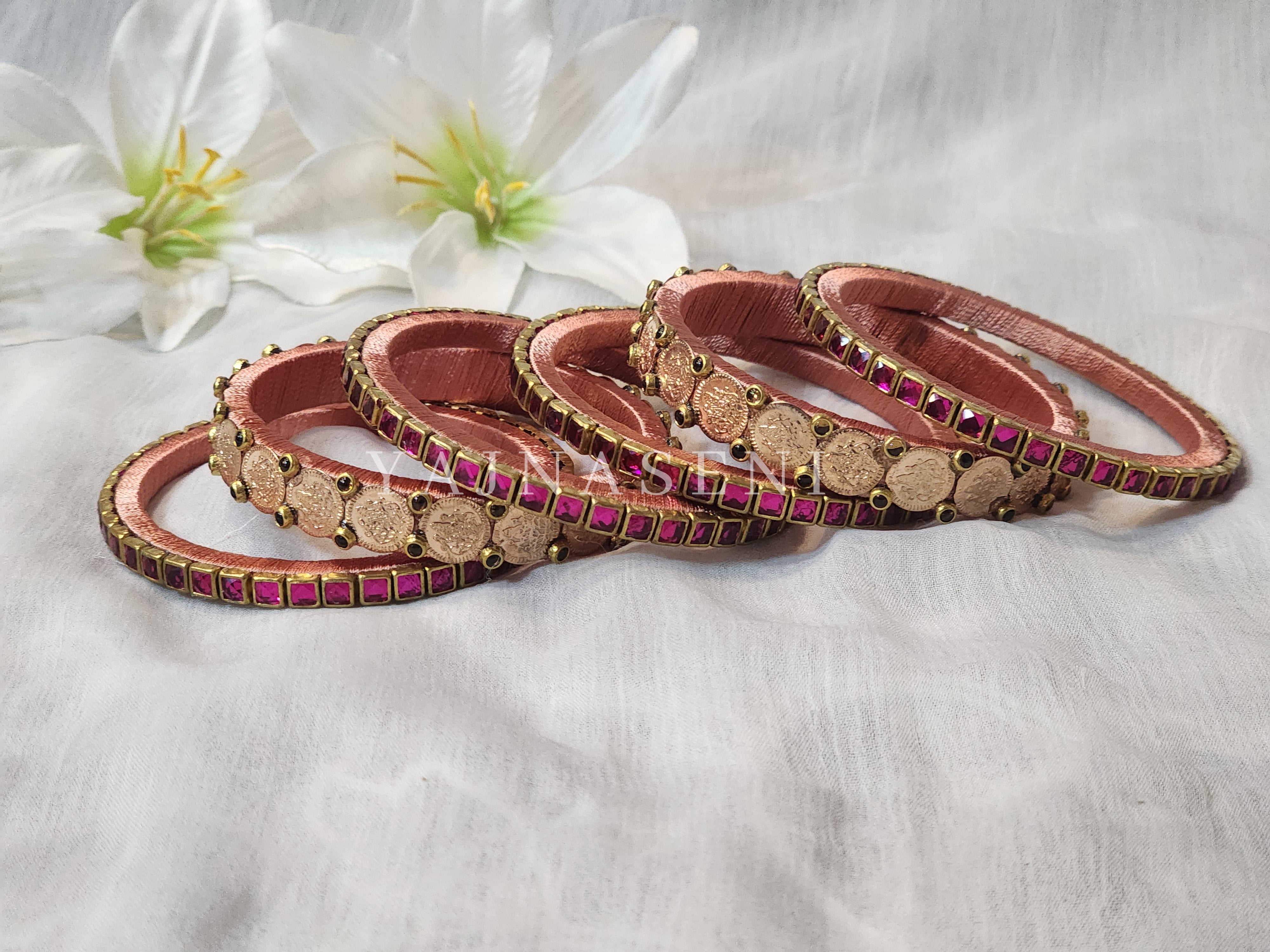 Bangle stack - Silk Thread , Kundan & Lakshmi : Copper x Pink