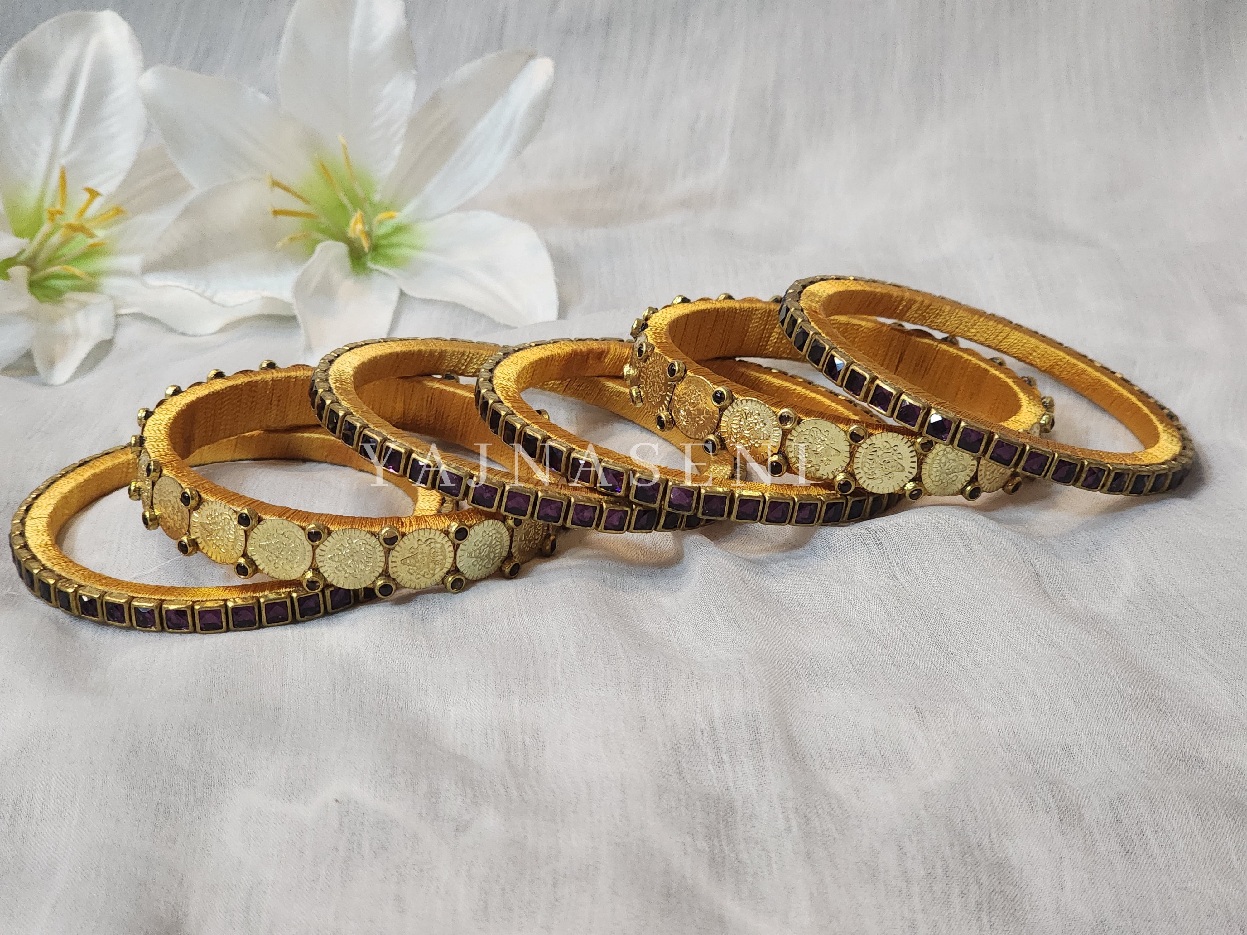 Bangle stack - Silk Thread , Kundan & Lakshmi : Gold x Purple