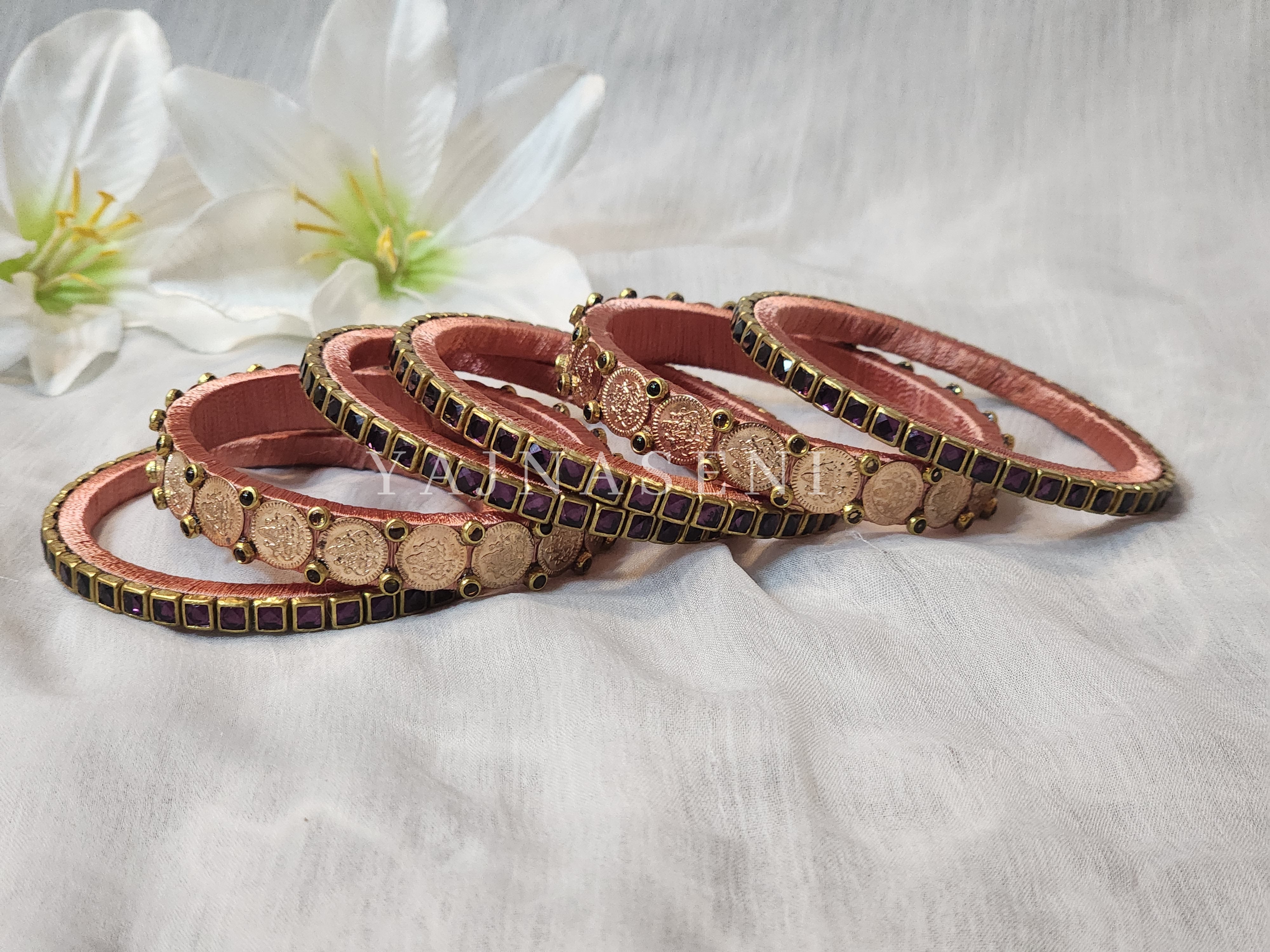 Bangle stack - Silk Thread , Kundan & Lakshmi : Copper x Purple