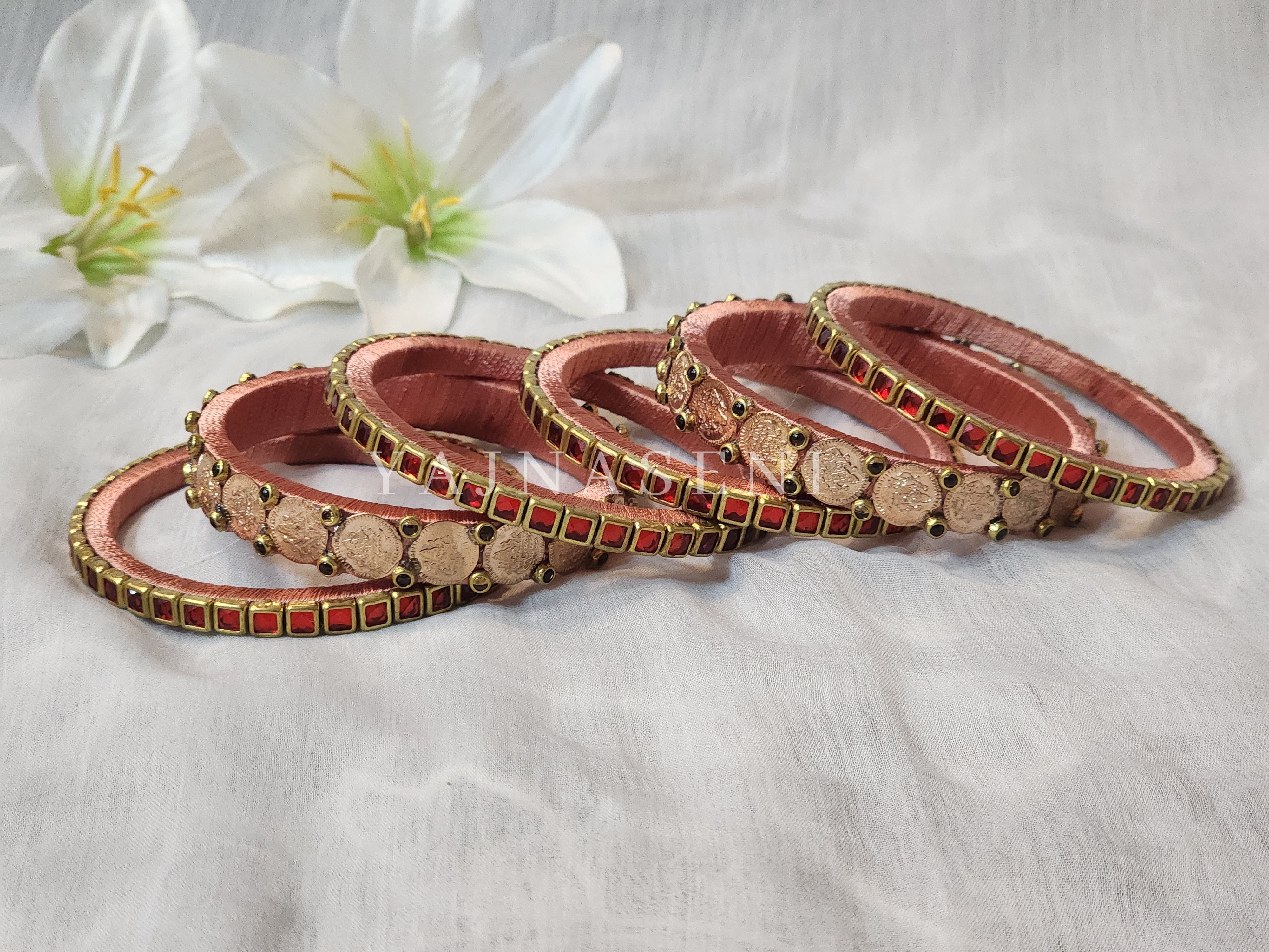 Bangle stack - Silk Thread , Kundan & Lakshmi : Copper x Red