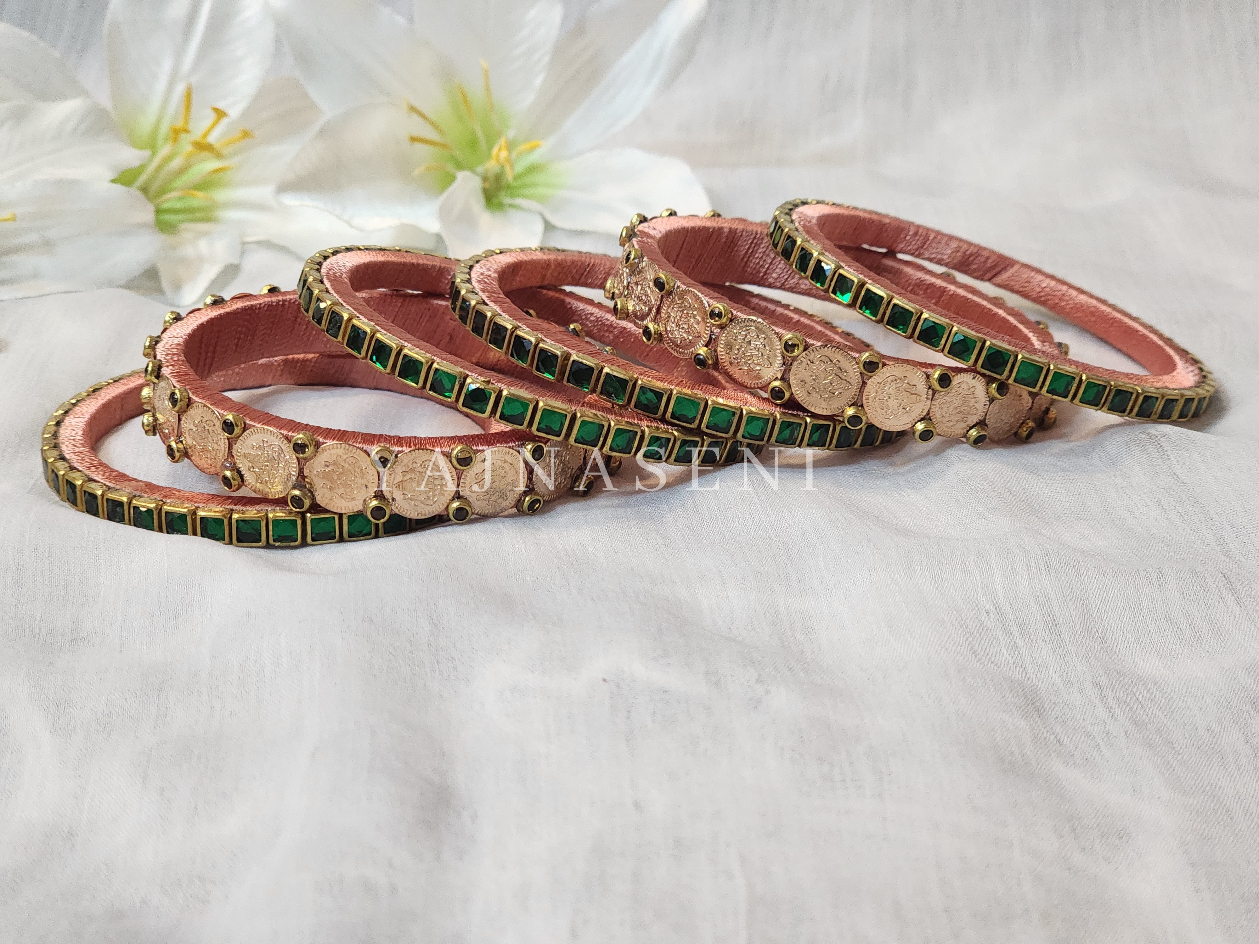 Bangle stack - Silk Thread , Kundan & Lakshmi : Copper x Green