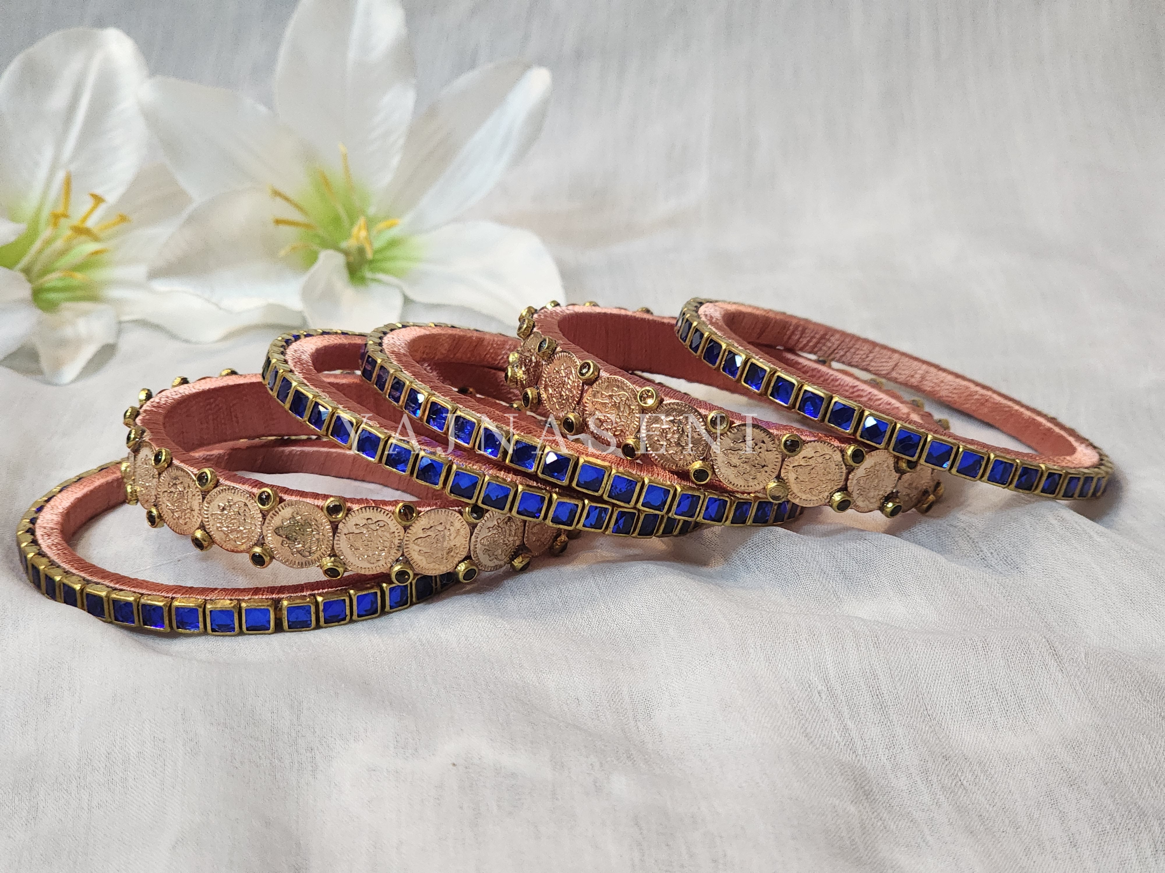 Bangle stack - Silk Thread , Kundan & Lakshmi : Copper x Blue