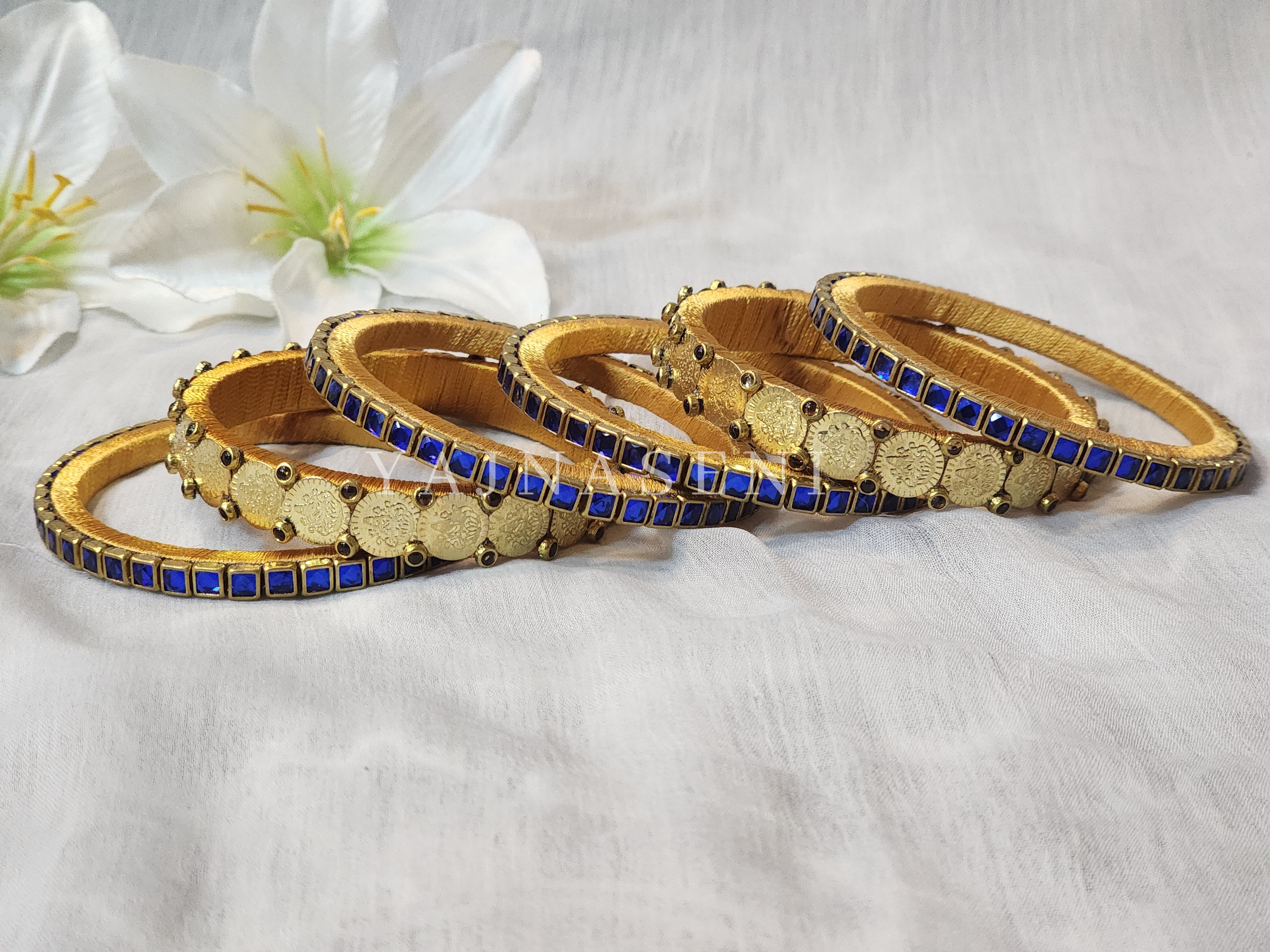 Bangle stack - Silk Thread , Kundan & Lakshmi : Gold x Blue