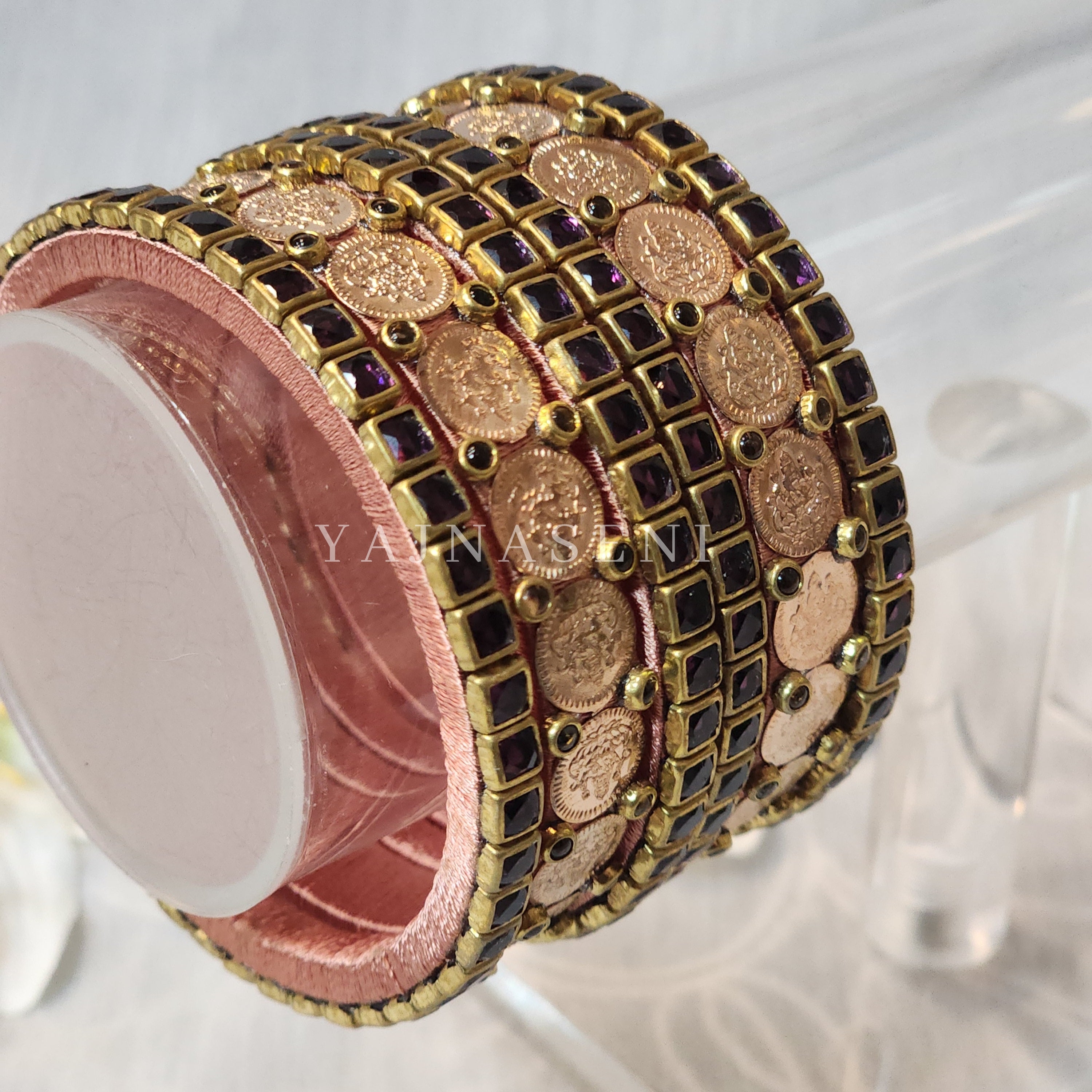 Bangle stack - Silk Thread , Kundan & Lakshmi : Copper x Purple