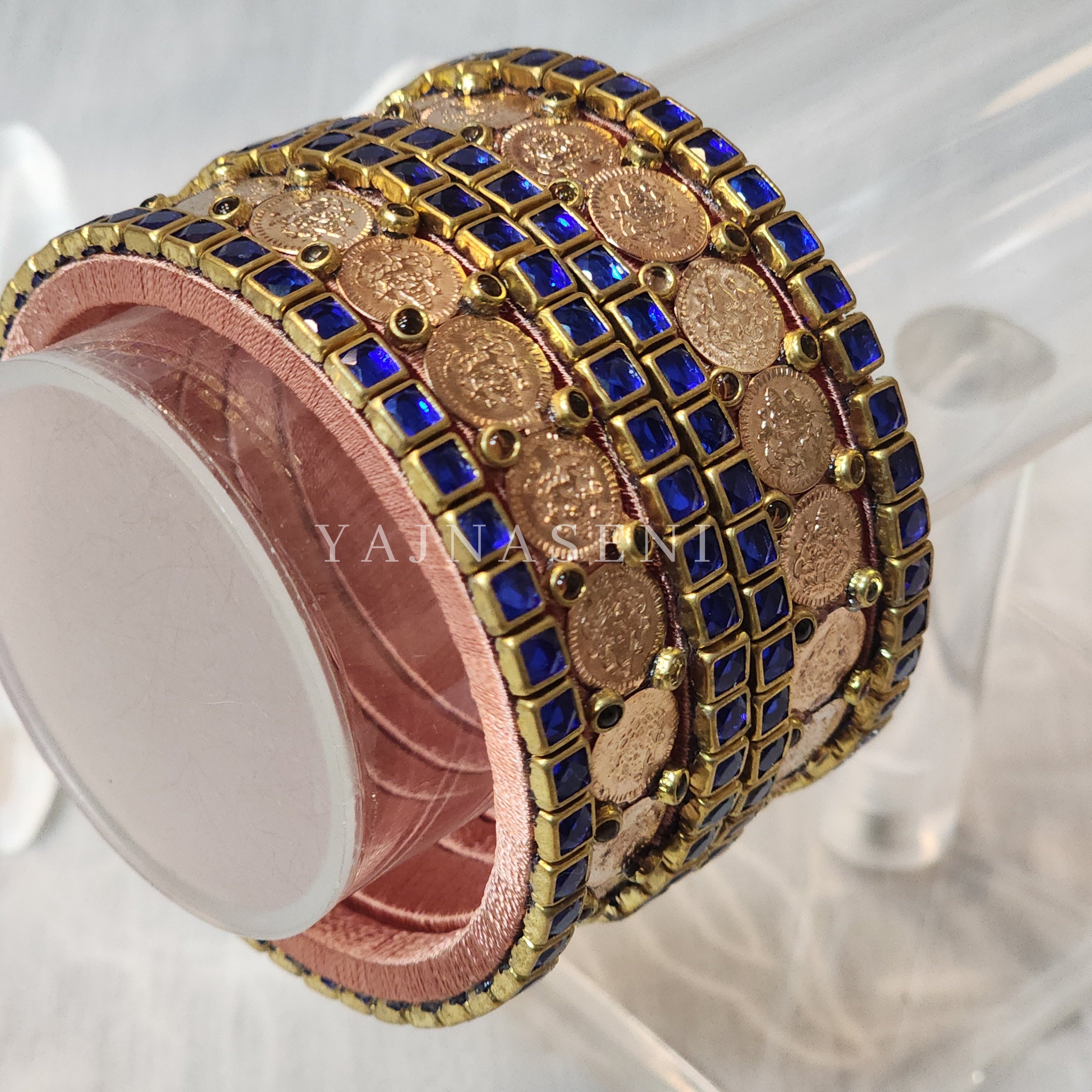 Bangle stack - Silk Thread , Kundan & Lakshmi : Copper x Blue