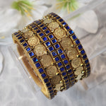 Load image into Gallery viewer, Bangle stack - Silk Thread , Kundan &amp; Lakshmi : Gold x Blue
