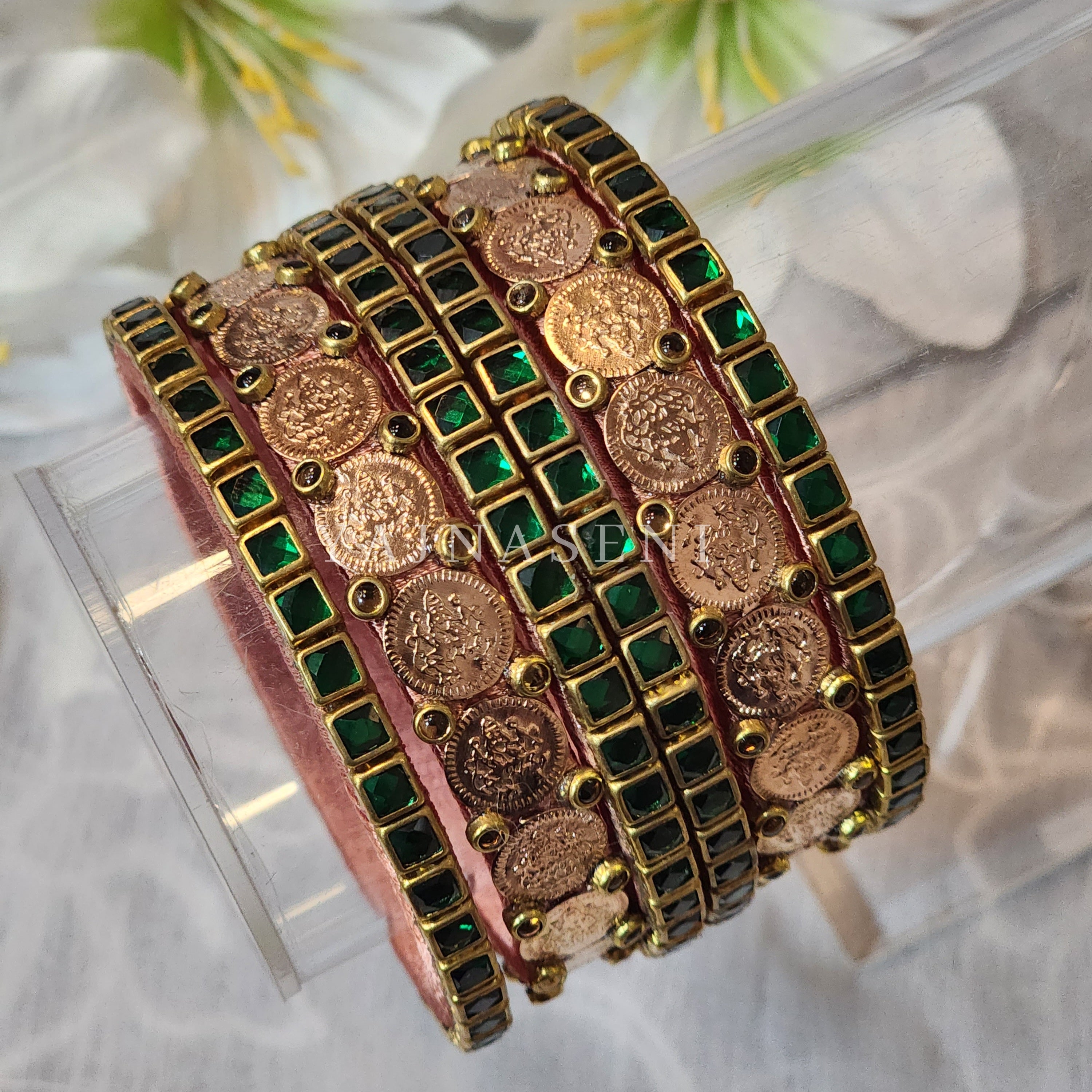 Bangle stack - Silk Thread , Kundan & Lakshmi : Copper x Green