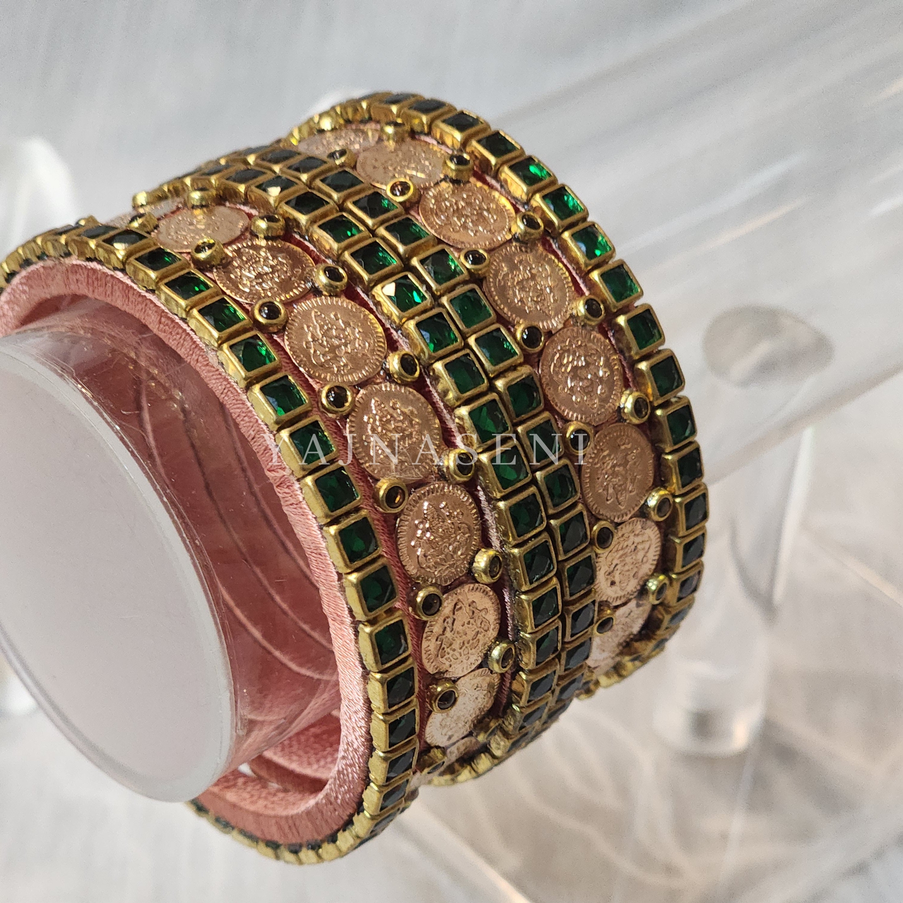 Bangle stack - Silk Thread , Kundan & Lakshmi : Copper x Green