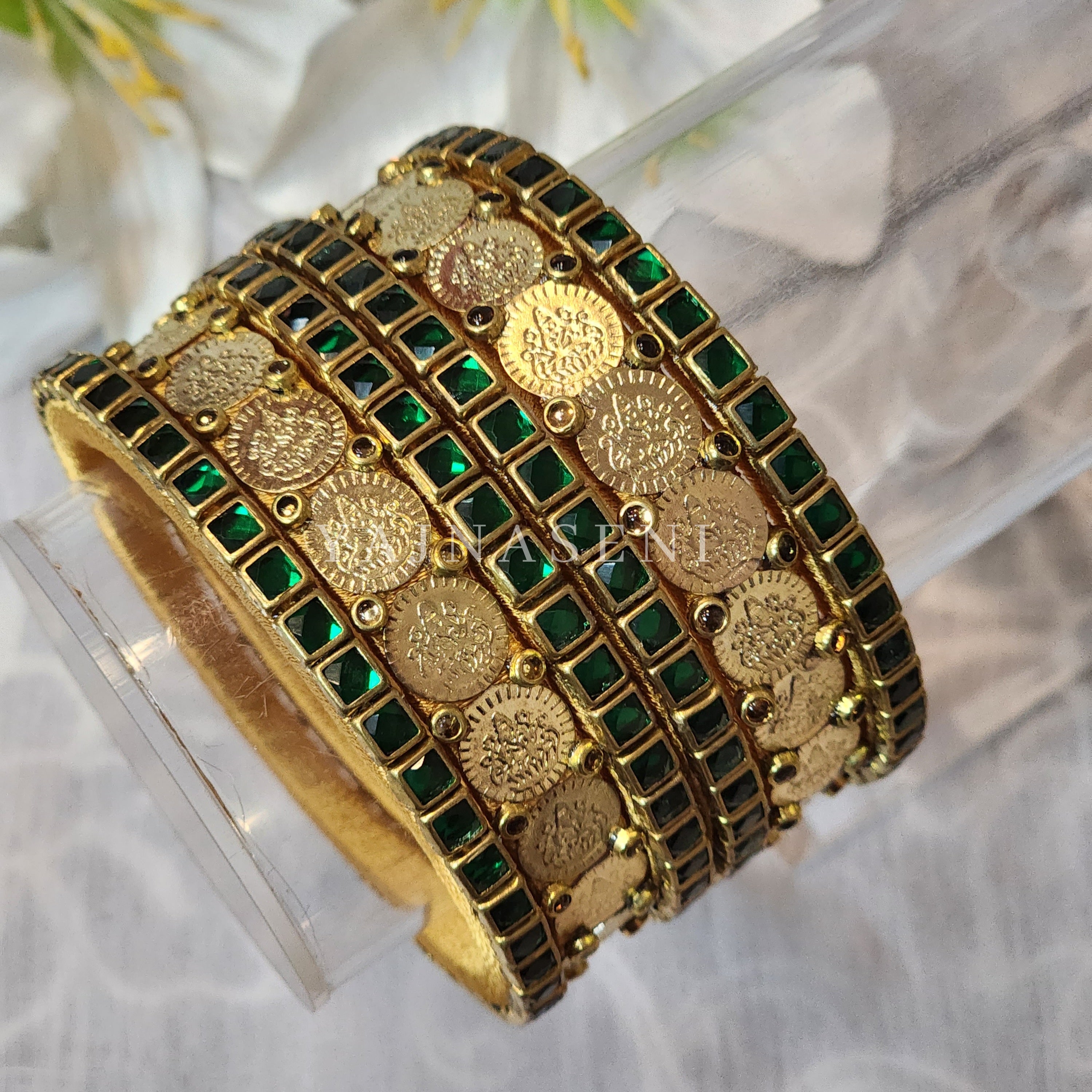 Bangle stack - Silk Thread , Kundan & Lakshmi : Gold x Green