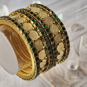 Bangle stack - Silk Thread , Kundan & Lakshmi : Gold x Green