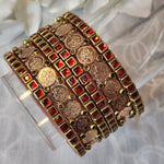 Load image into Gallery viewer, Bangle stack - Silk Thread , Kundan &amp; Lakshmi : Copper x Red
