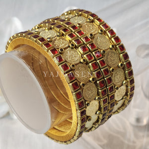 Bangle stack - Silk Thread , Kundan & Lakshmi : Gold x Red