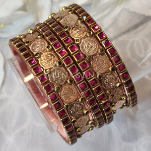 Bangle stack - Silk Thread , Kundan & Lakshmi : Copper x Pink