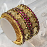 Load image into Gallery viewer, Bangle stack - Silk Thread , Kundan &amp; Lakshmi : Gold x Pink
