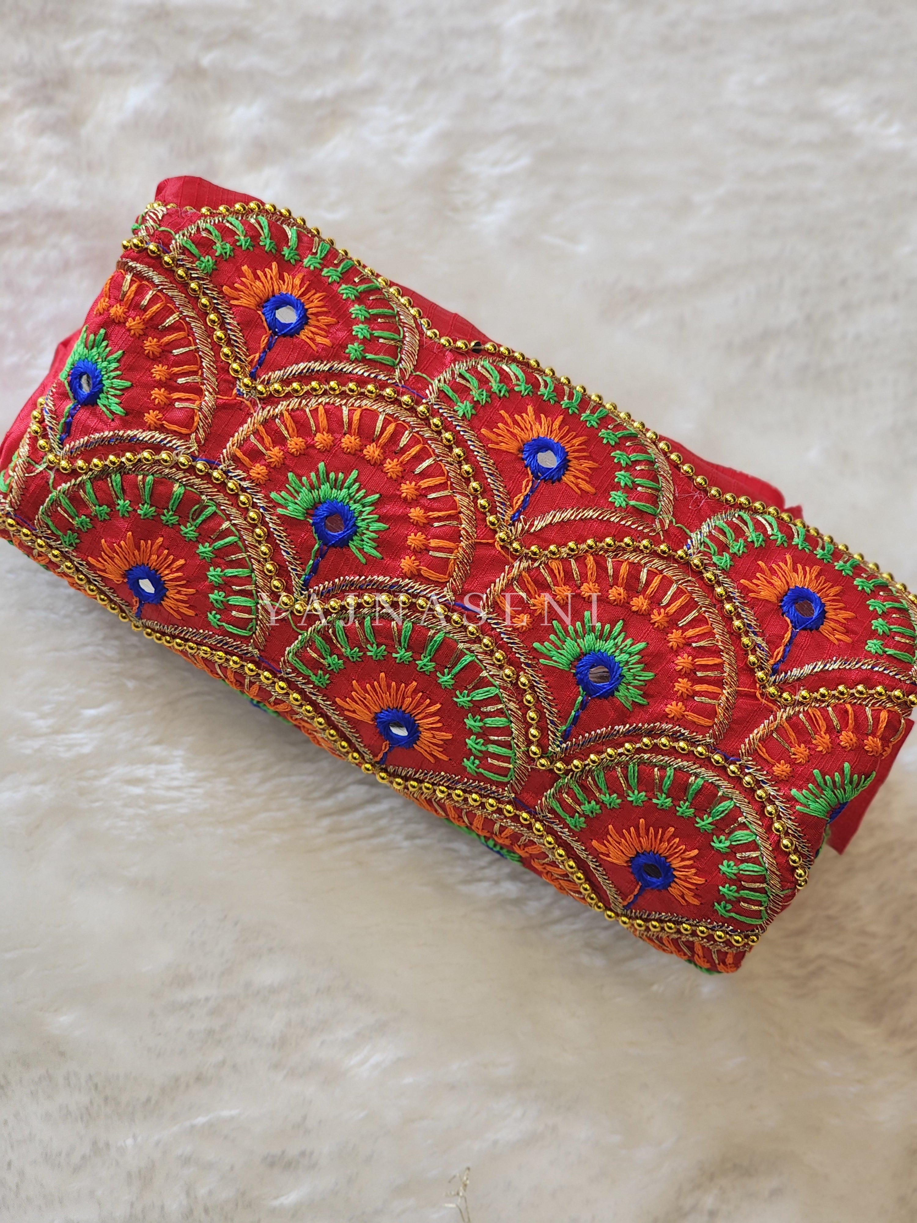 Peacock - Aari work blouse material : RED