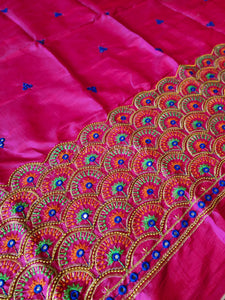 Peacock - Aari work blouse material : MAGENTA