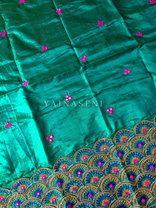 Peacock - Aari work blouse material : PEACOCK GREEN