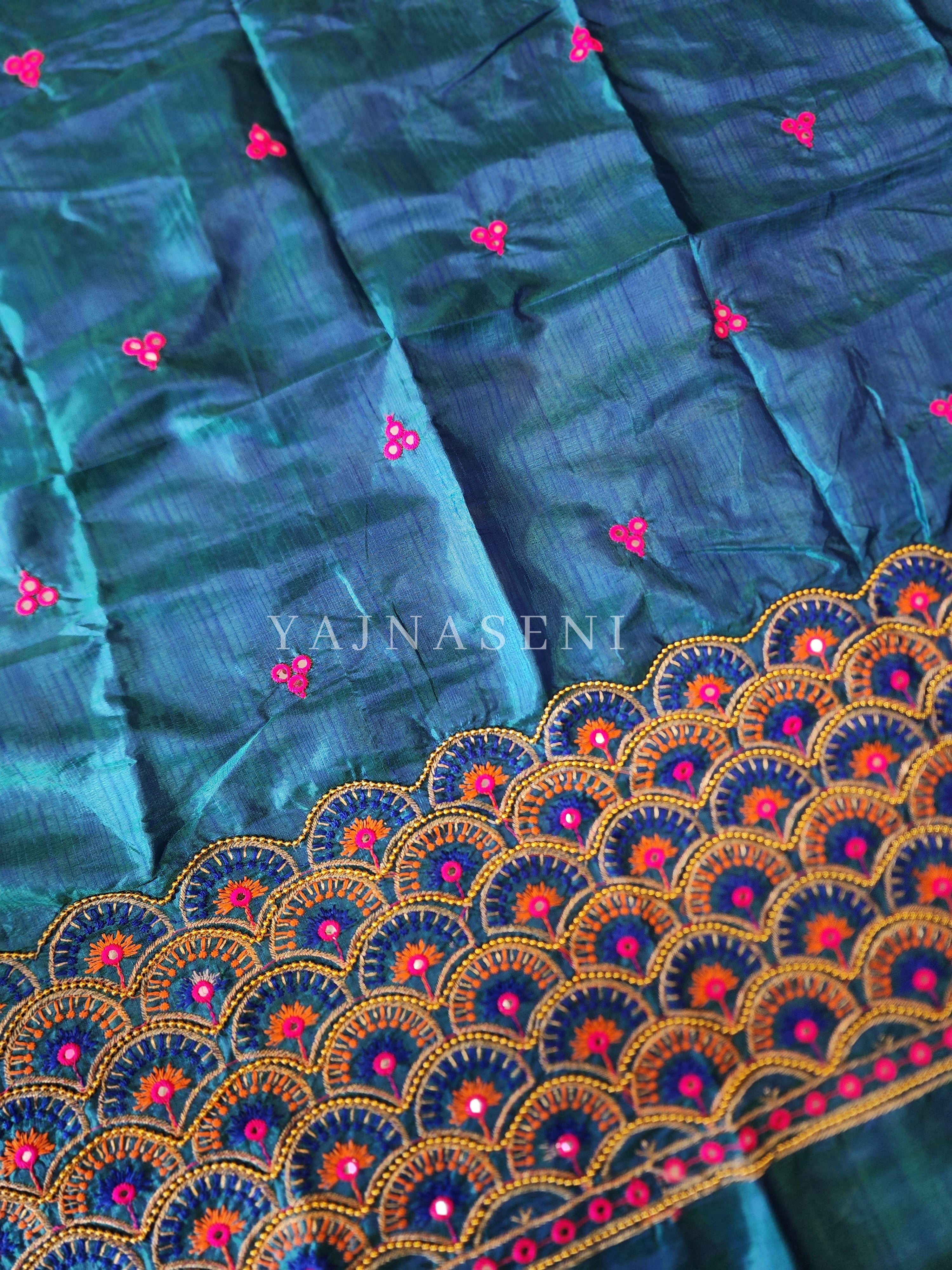 Peacock - Aari work blouse material : PEACOCK BLUE