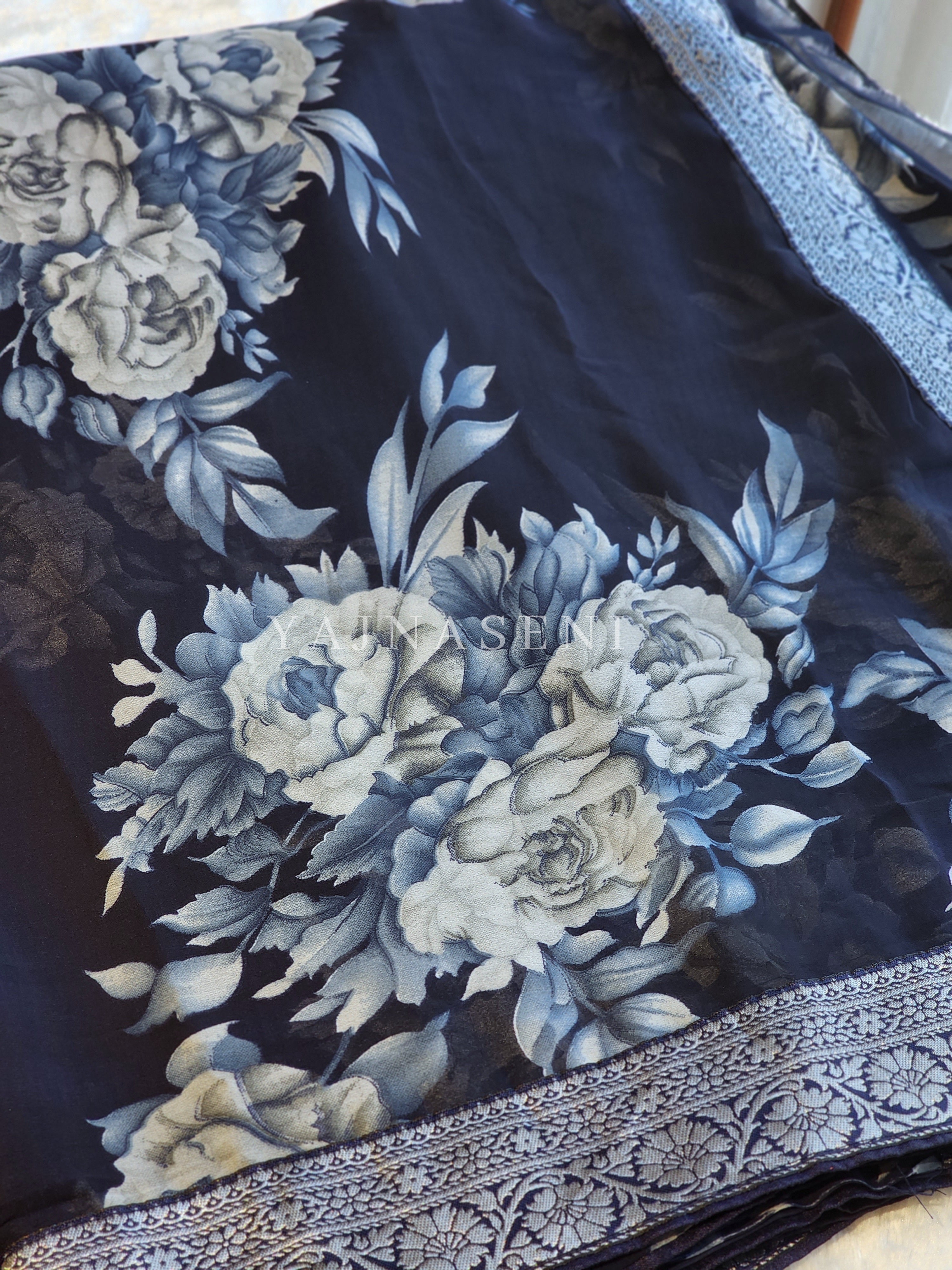 Floral x Chiffon Saree : Navy Blue