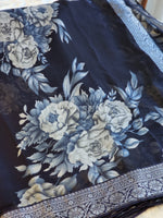 Load image into Gallery viewer, Floral x Chiffon Saree : Navy Blue
