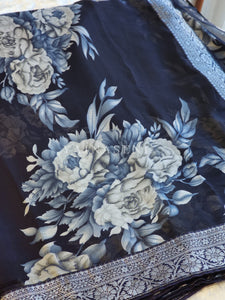 Floral x Chiffon Saree : Navy Blue