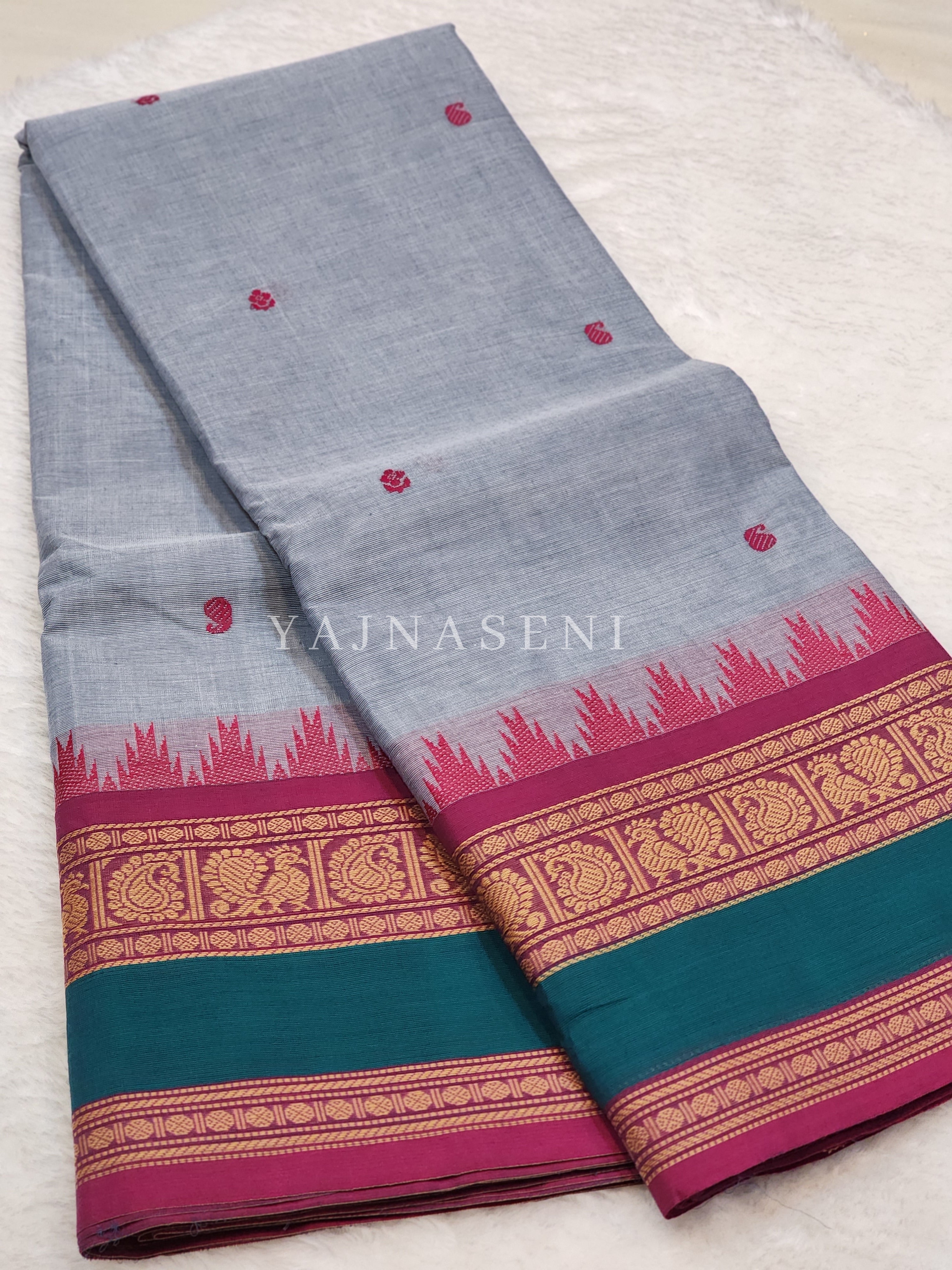 Kanchipuram Pure Cotton saree - Cadet Grey x Berry x Teal
