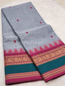 Kanchipuram Pure Cotton saree - Cadet Grey x Berry x Teal