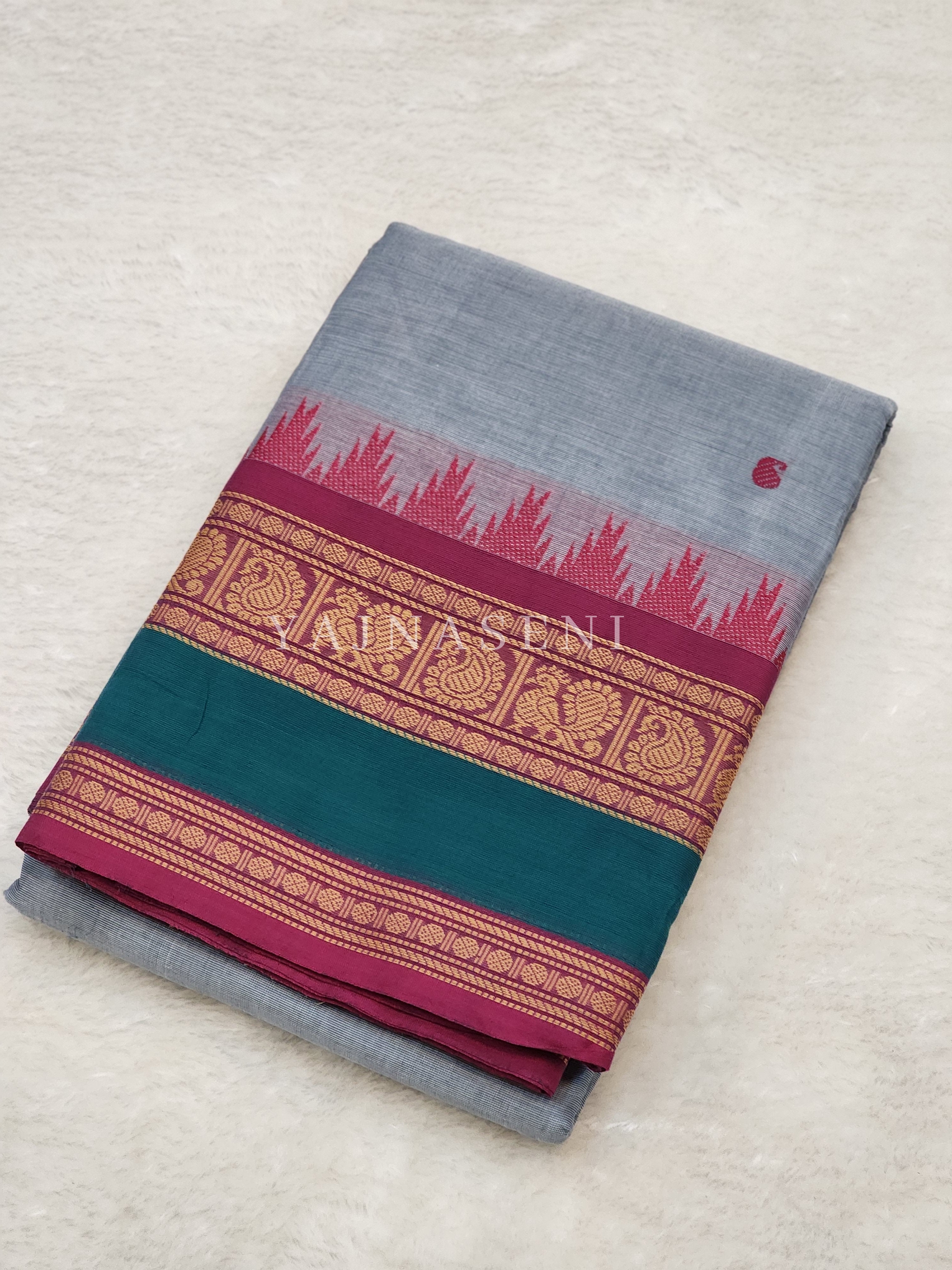 Kanchipuram Pure Cotton saree - Cadet Grey x Berry x Teal