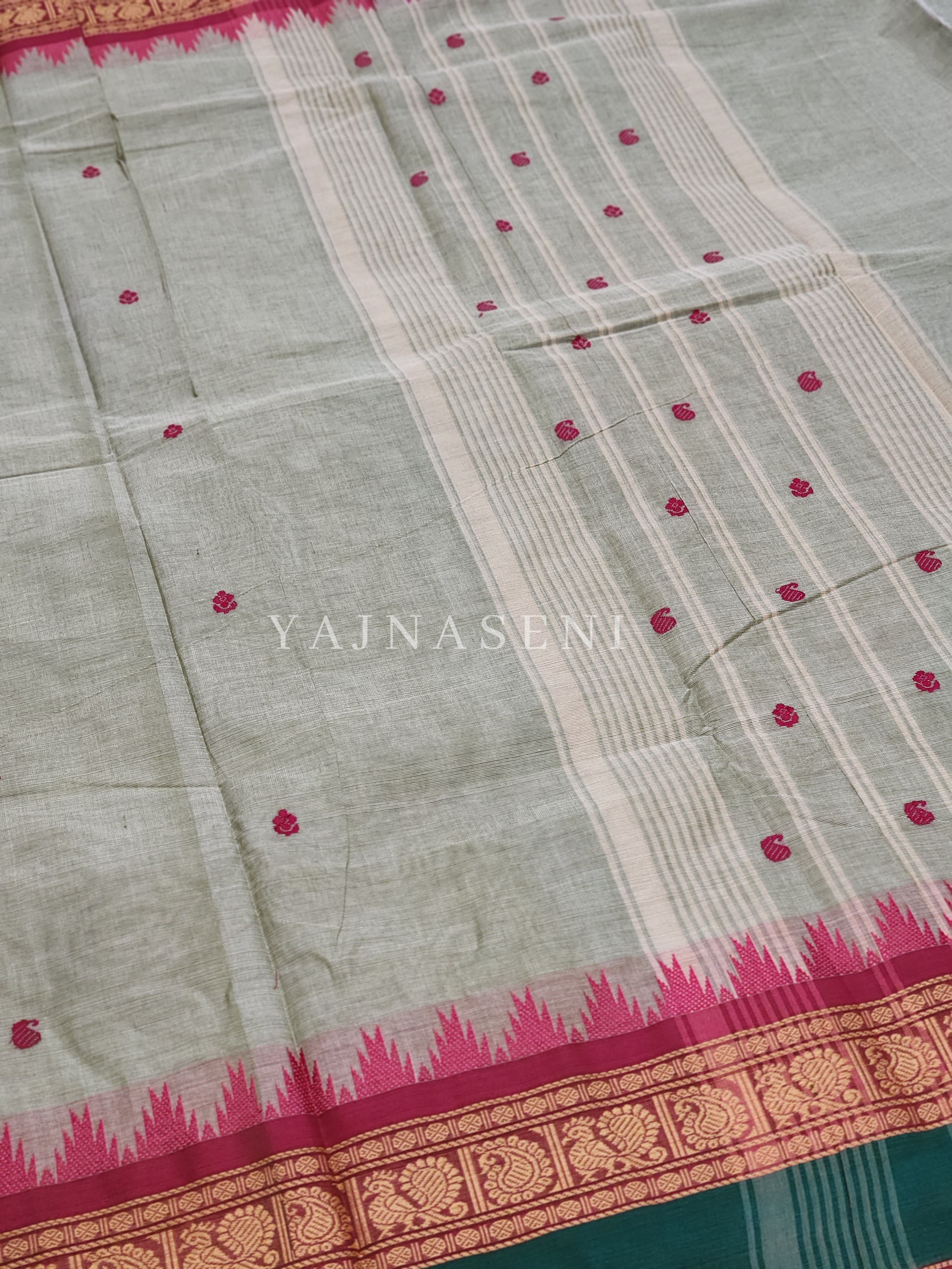 Kanchipuram Pure Cotton saree - Sage Grey x Magenta x Grey