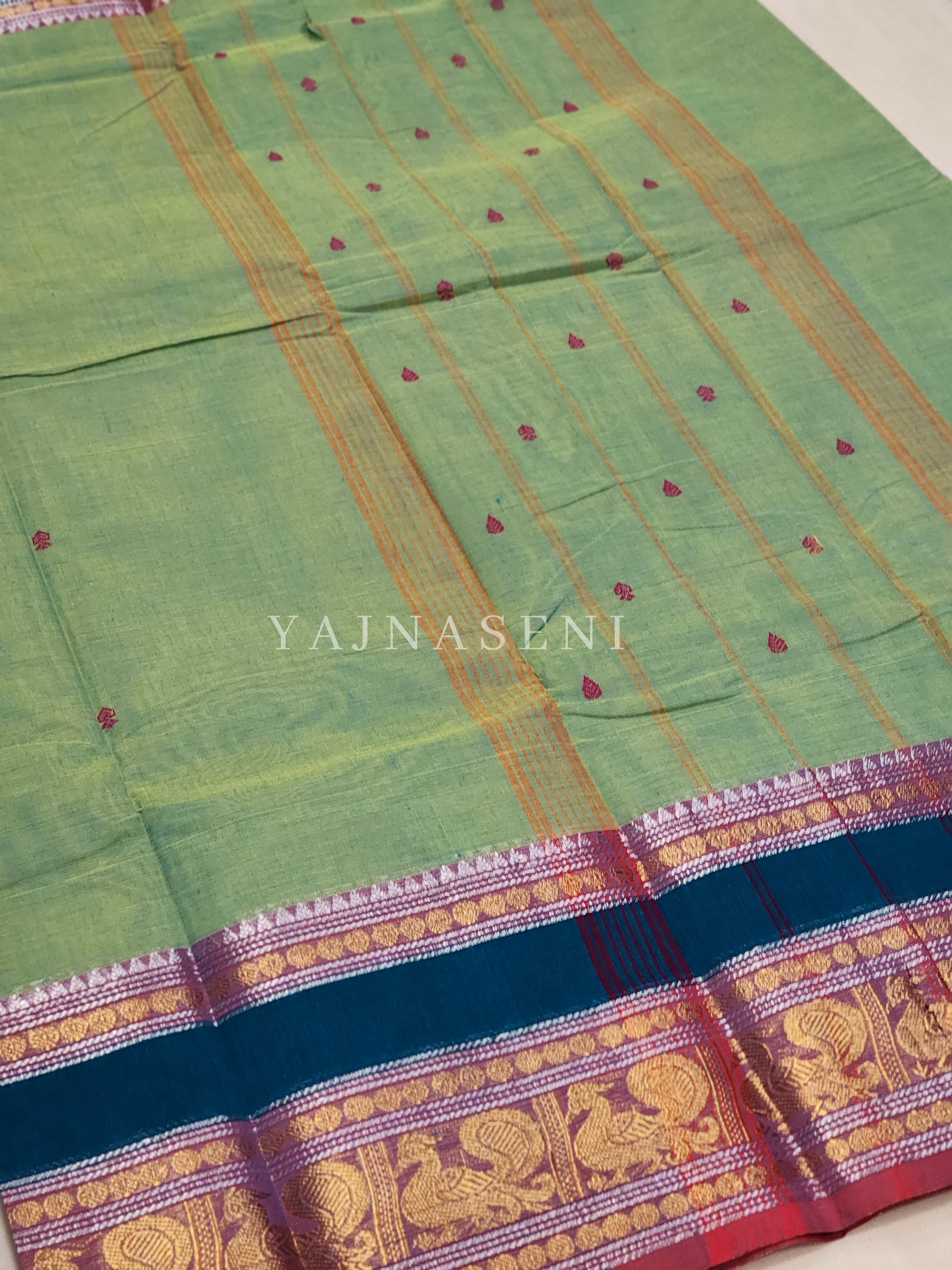 Kanchipuram Pure Cotton saree - Seafoam Green x Purple x Blue