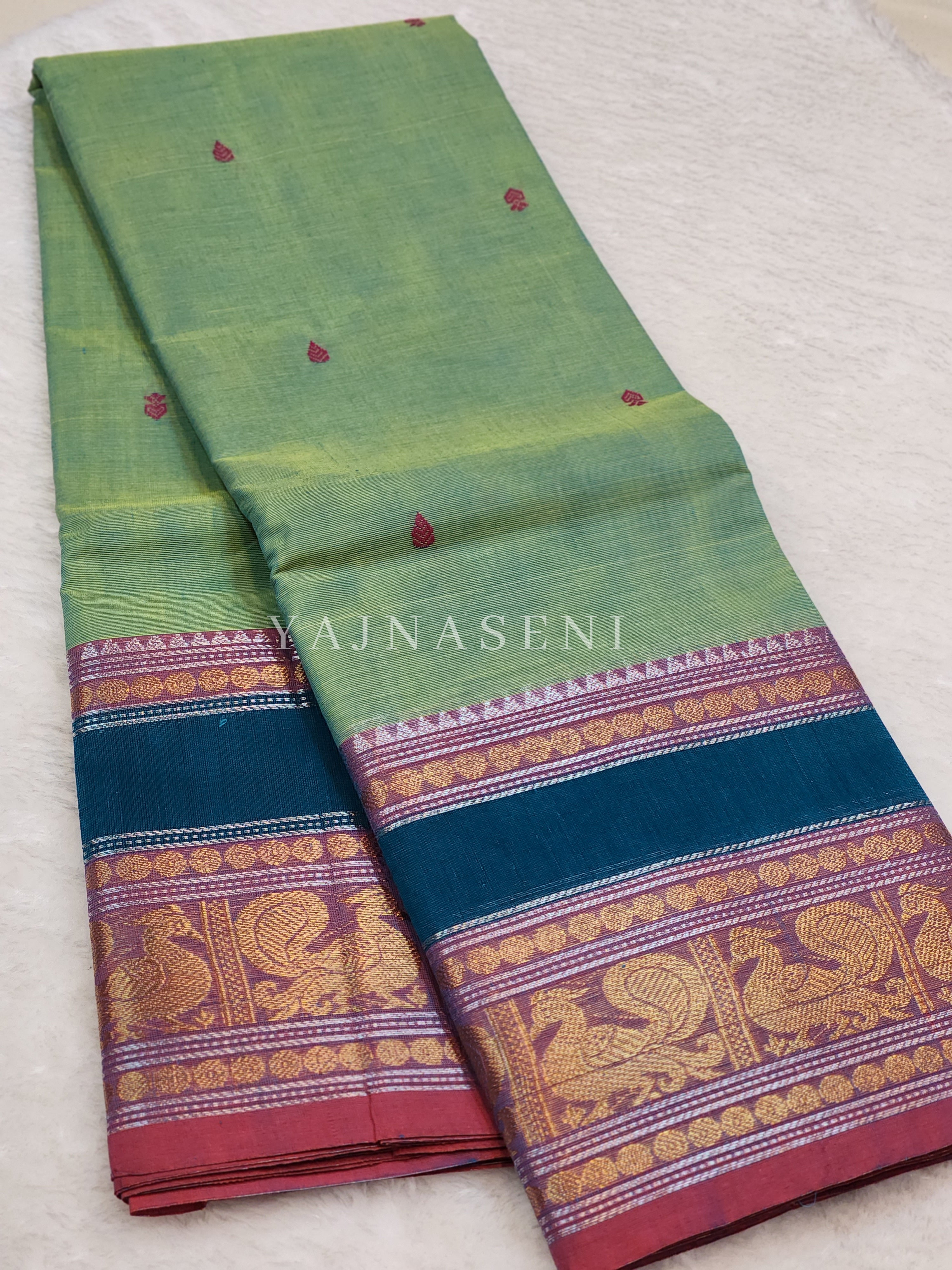 Kanchipuram Pure Cotton saree - Seafoam Green x Purple x Blue