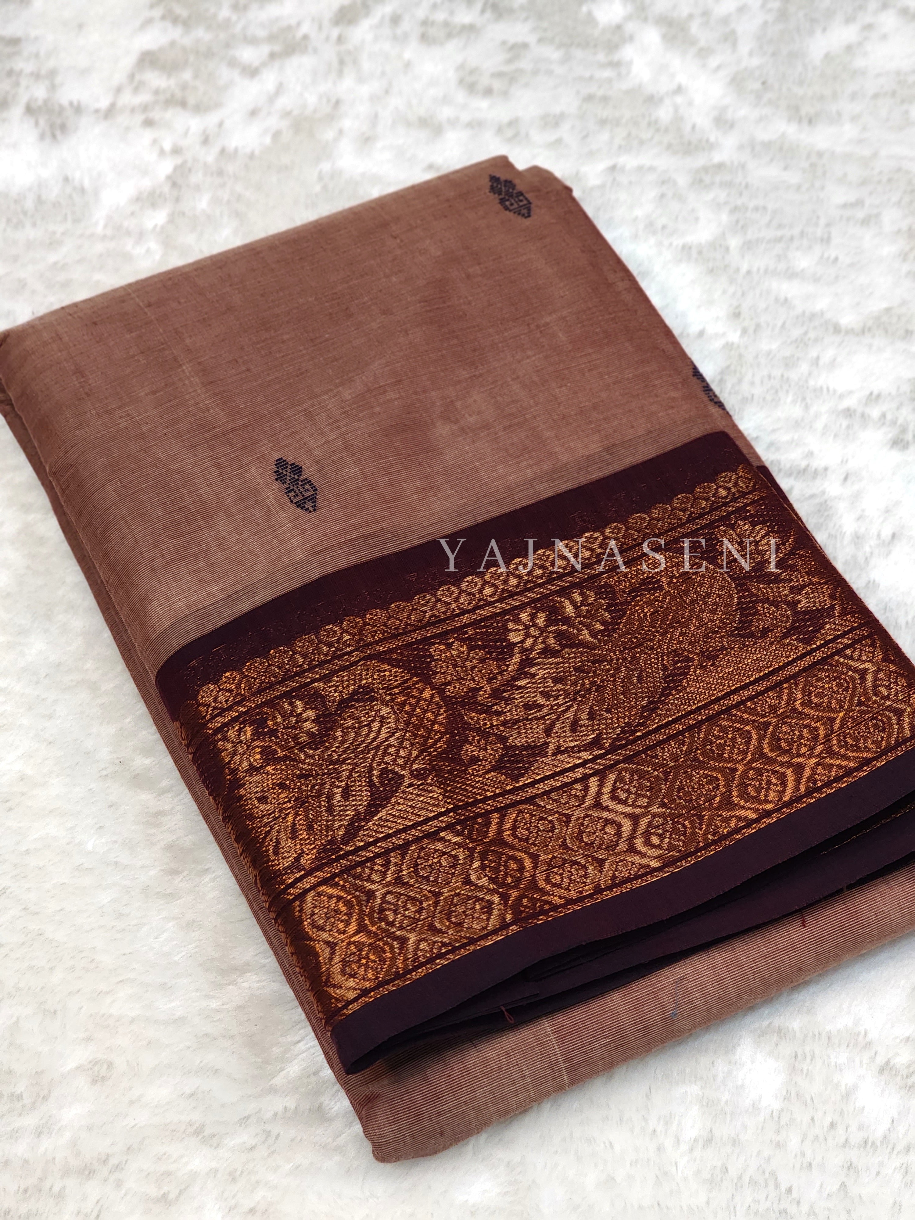 Kanchipuram Pure Cotton x Copper zari saree - Mocha